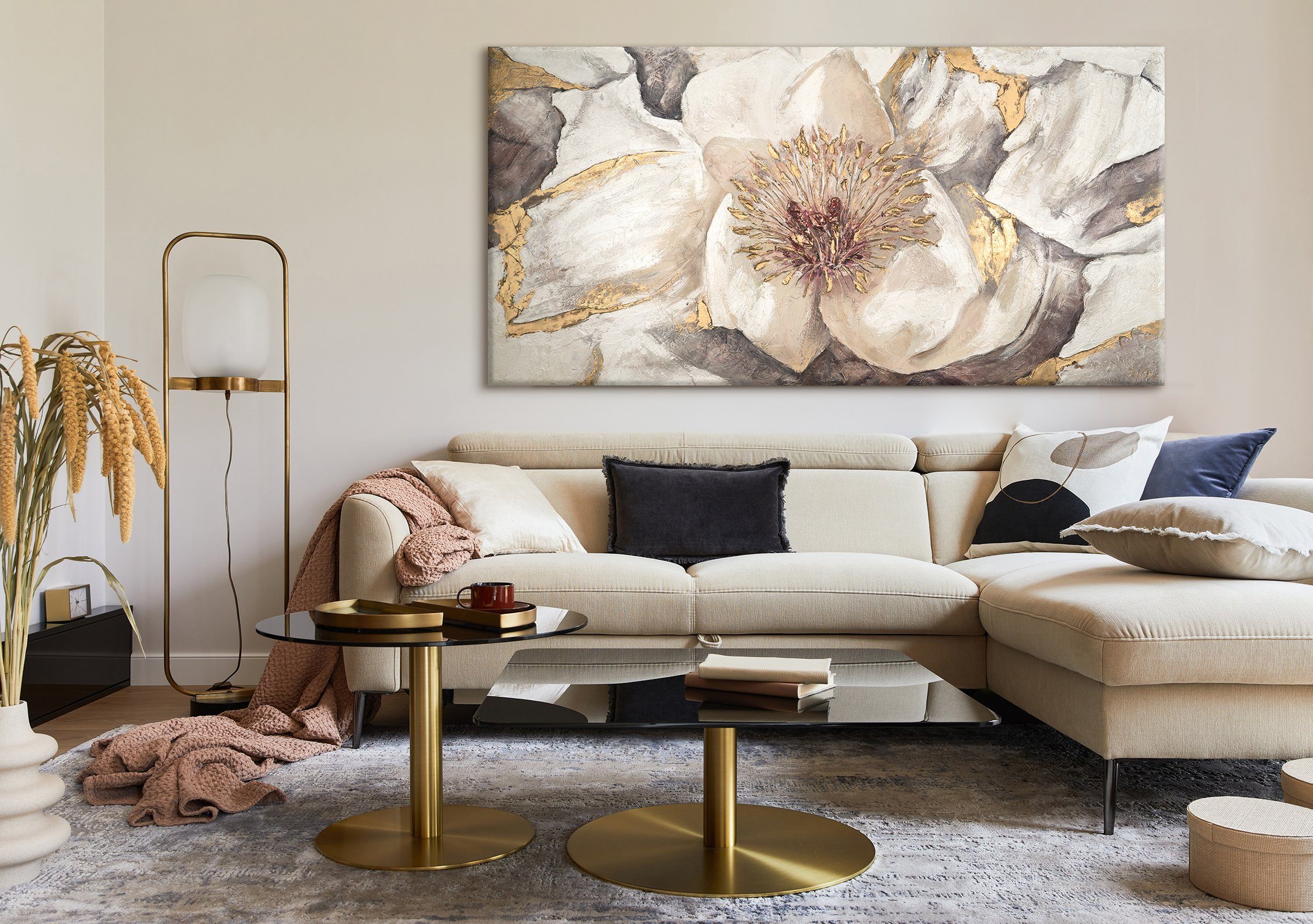 YS-Art Gemälde Bild Schattenfugenrahmen Blumen, Leinwand Weiß Malve, Blume Ohne Handgemalt Gold