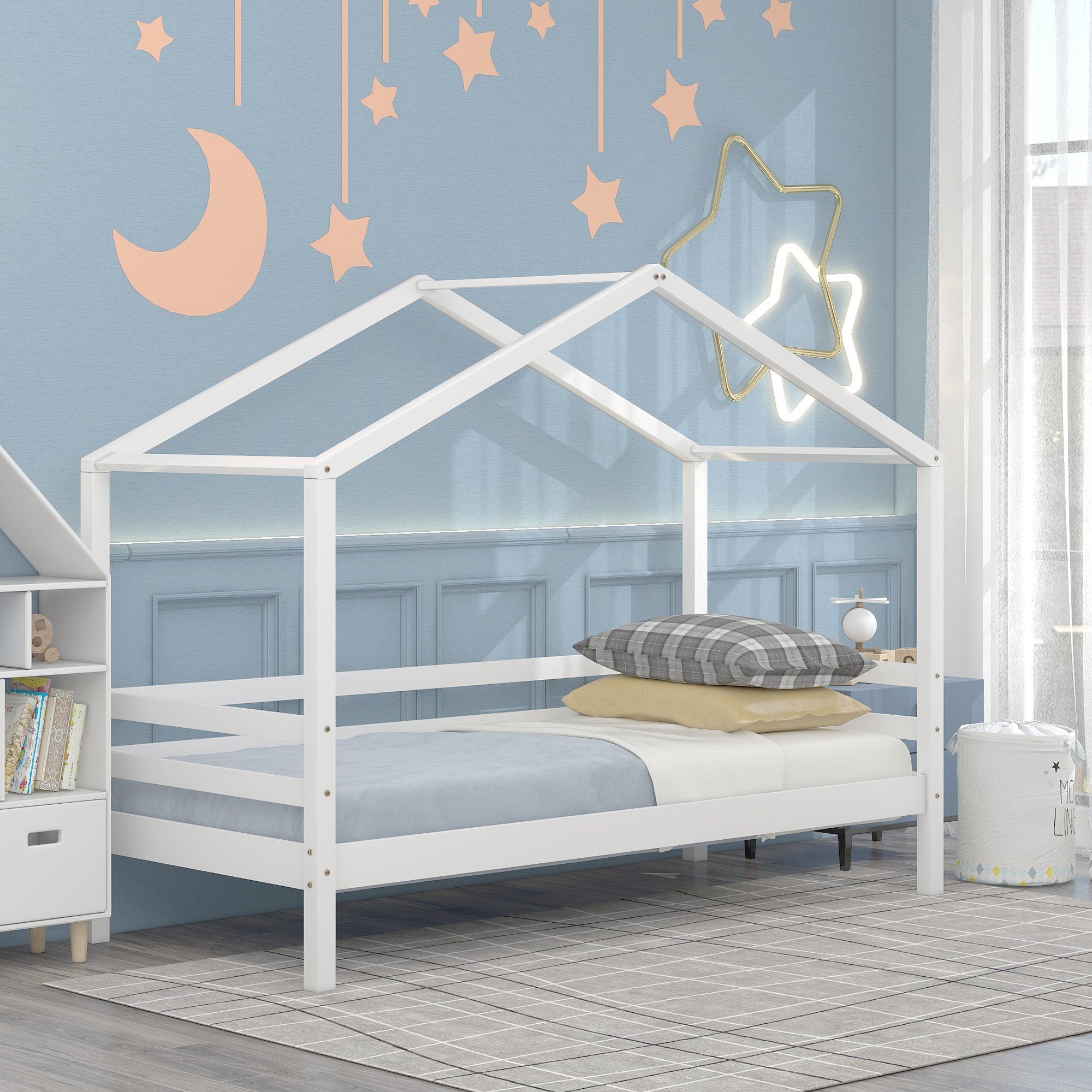 Kinderbett Bett Etagenbett mit weiß 90 Ohne 200 (Massivholz-Etagenbettrahmen Niedriges Lattenrost, Matratze x Rutsche Hausbett, mit REDOM cm),