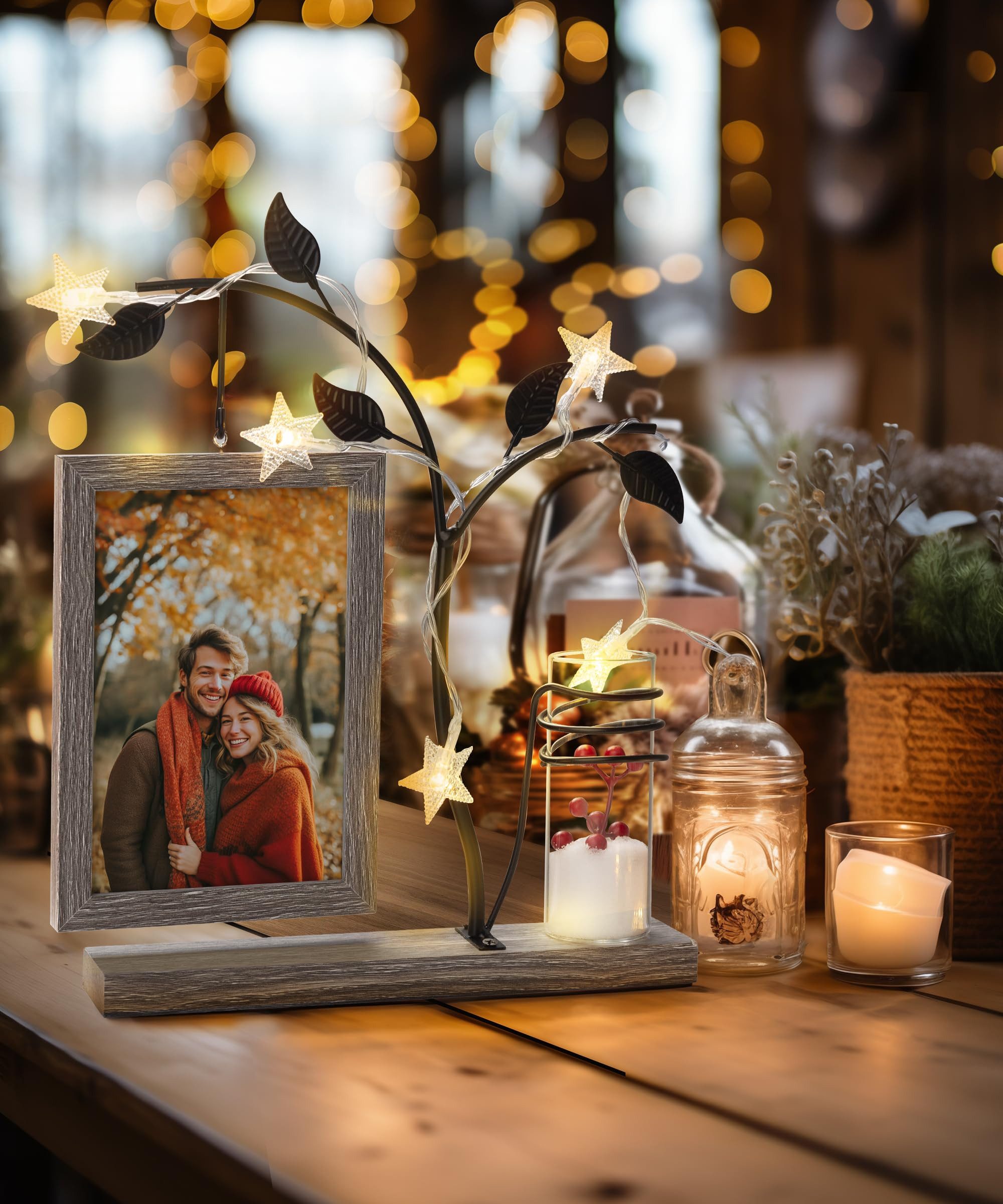 SURFOU Bilderrahmen zum Basteln Holz Bilderrahmen Doppelglas, Schwarz, Moderner Fotorahmen mit Vase, für 2 Bilder (10x15 cm MDF-Konstruktion Metallbaum Bilderra – Bild 3 von 5