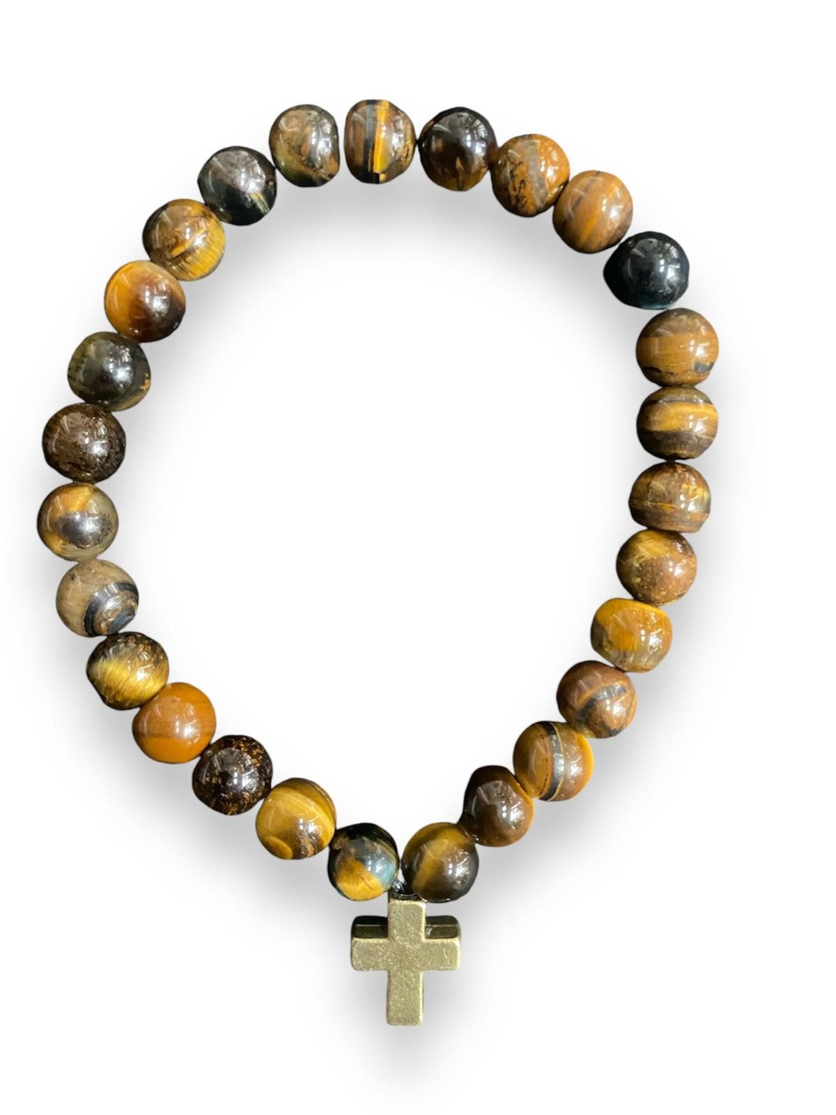 Perlenarmband Edelstein Tigerauge Armband mit Bronze Kreuz und 27 Perlen