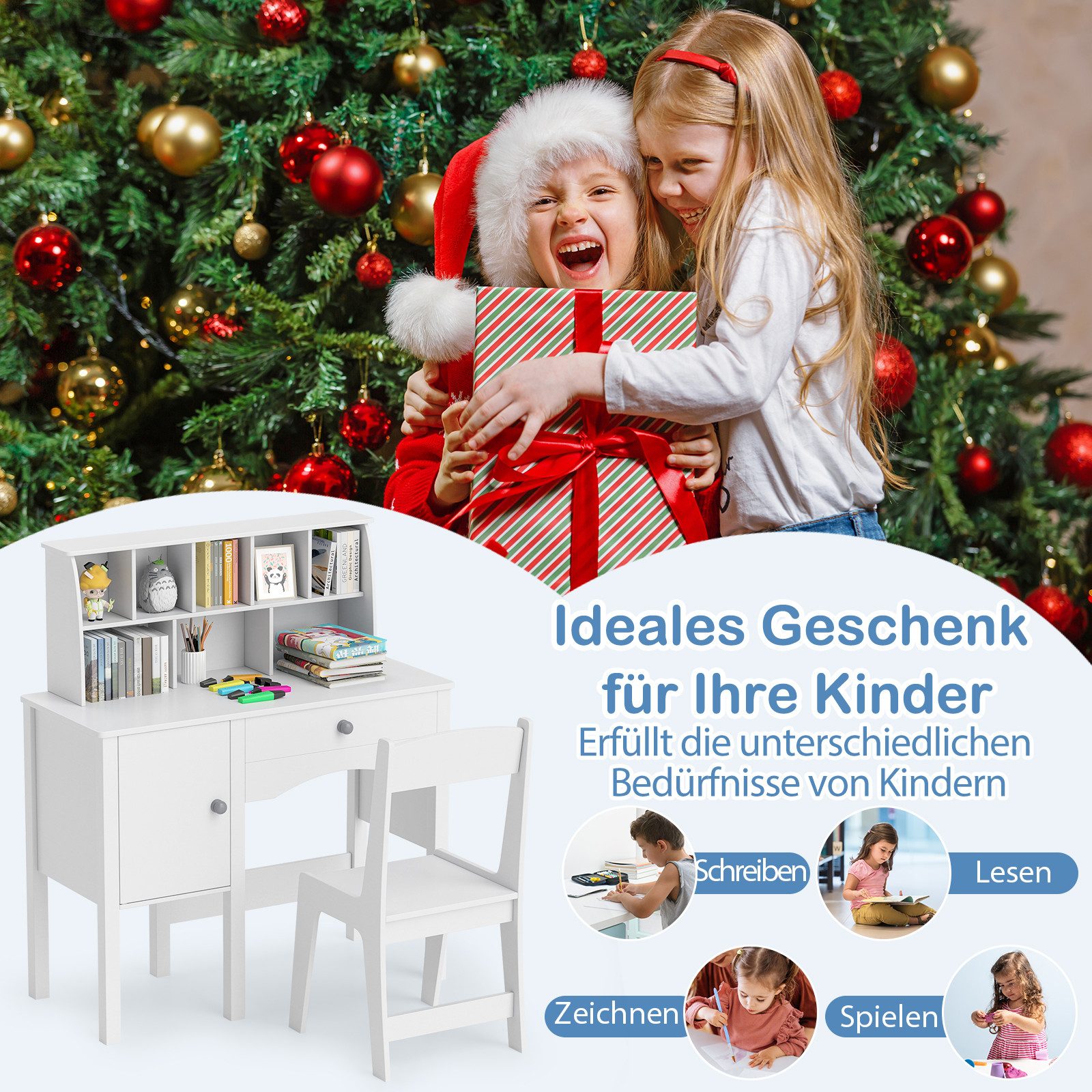KOMFOTTEU Kinderschreibtisch, mit Stuhl, Schublade, Ablagefächern günstig online kaufen