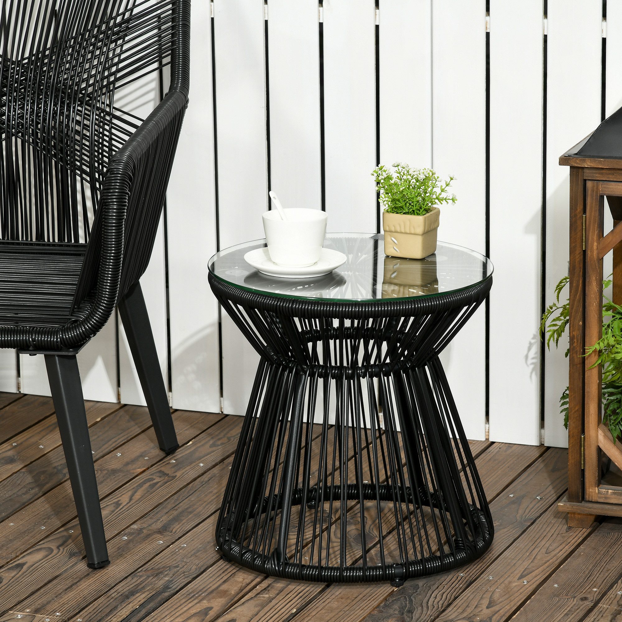 Outsunny Beistelltisch aus PE Rattan mit Tablett Glastischplatte, für Garten 40x40x42cm (Gartentisch, 1-St., Couchtisch), für Terrasse, Balkon, Metall, Schwarz
