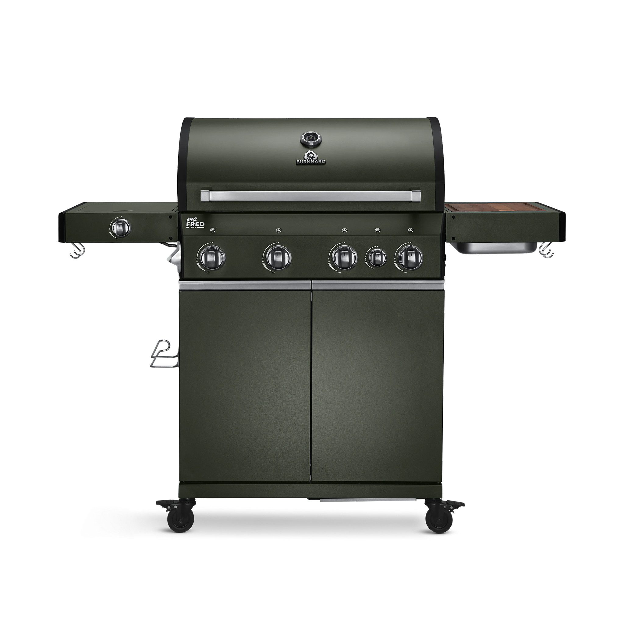 BURNHARD® Gasgrill Big FRED, 4-Brenner Gasgrill, Deluxe, Gusseisenrost, Pulverbeschichteter Stahl, Green Edition