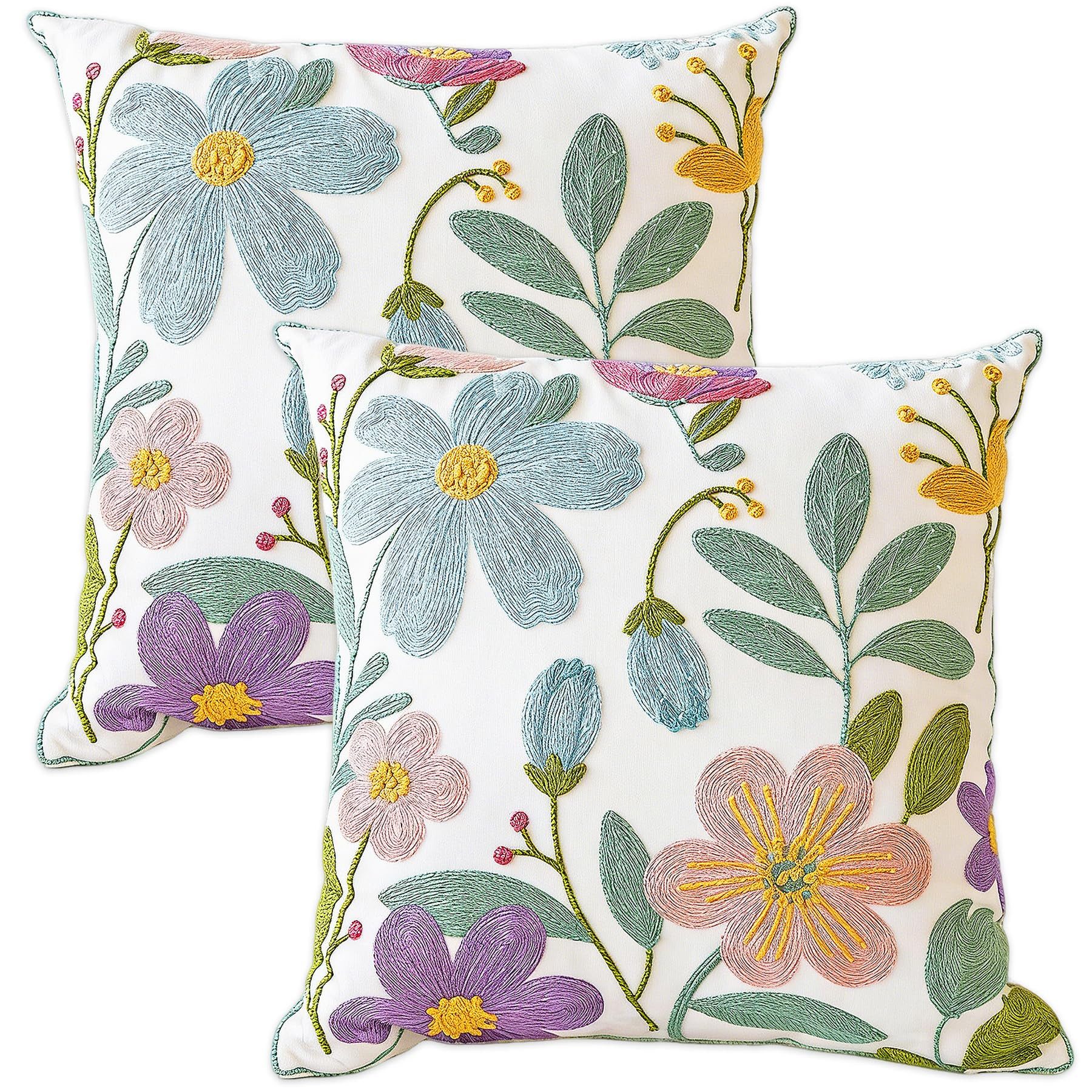 FOUORTUNATE-BEE Kissenbezüge Kissenbezüge 45x45 cm 2er Set mit bunten Blumenstickereien Deko, Dekokissenbezüge mit Blumenmuster für Sofa Bett Sessel und Bank