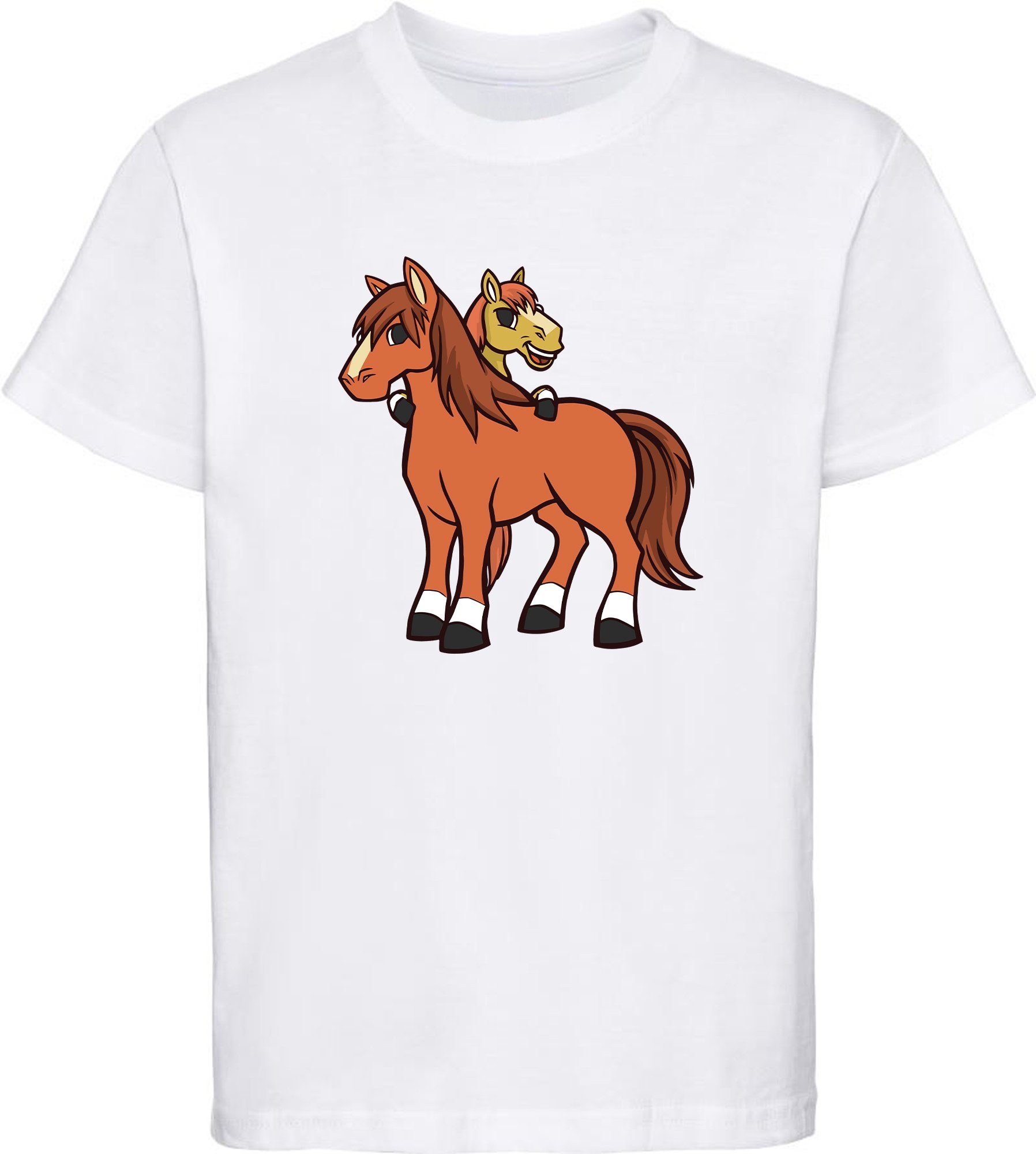 MyDesign24 T-Shirt Kinder Pferde Print Shirt bedruckt - 2 cartoon Pferde Baumwollshirt mit Aufdruck, i251 weiss