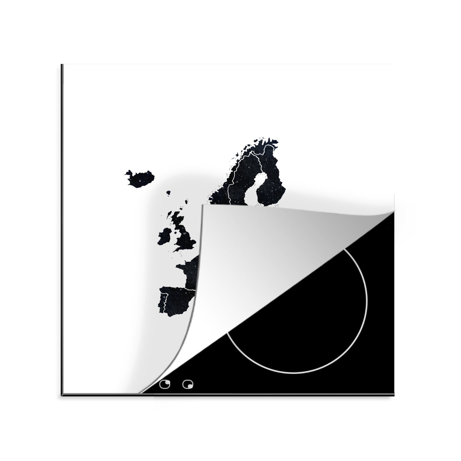 MuchoWow Herdblende-/Abdeckplatte Europa-Karte - Schwarz und weiß, Vinyl, (1 tlg), 78x78 cm, Ceranfeldabdeckung, Arbeitsplatte für küche