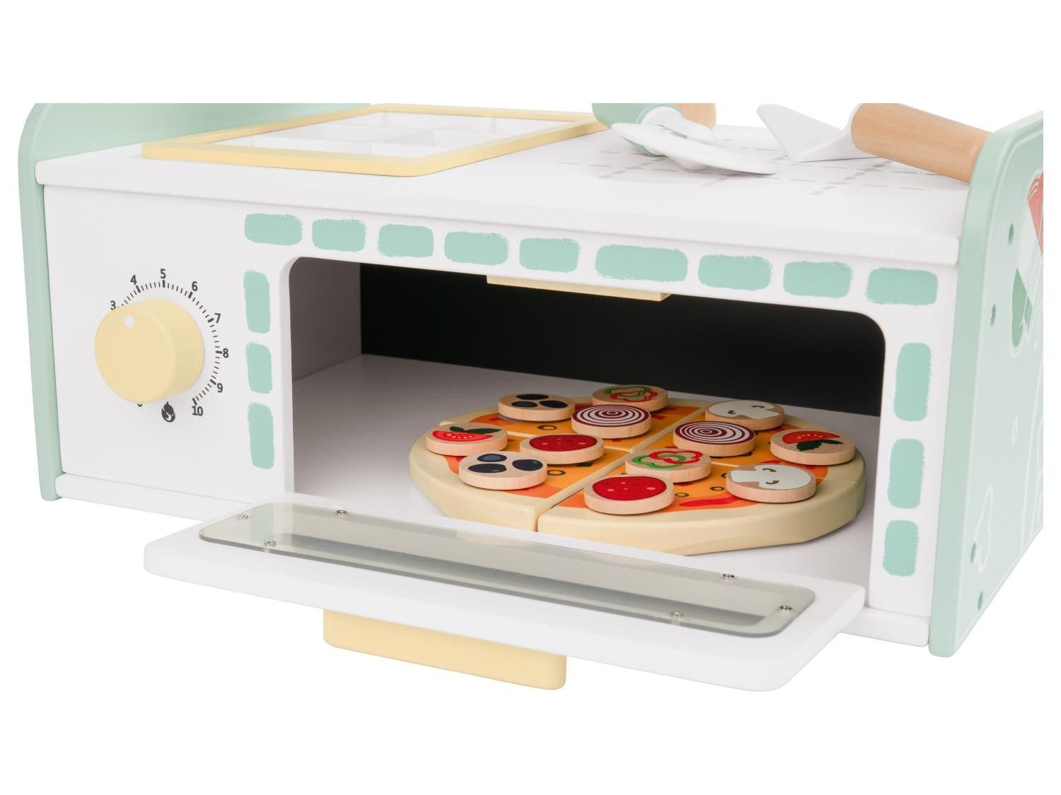 lupilu Spielzeug-Servierwagen Echt-Holz Spielzeug 18tlg Kinder Rollenspiel Pizzaofen, (Komplettset, 18-tlg., 18-teiliges Set), drehbarer Knopf mit Klickgeräusch, Pizzabelag, Speisetafel