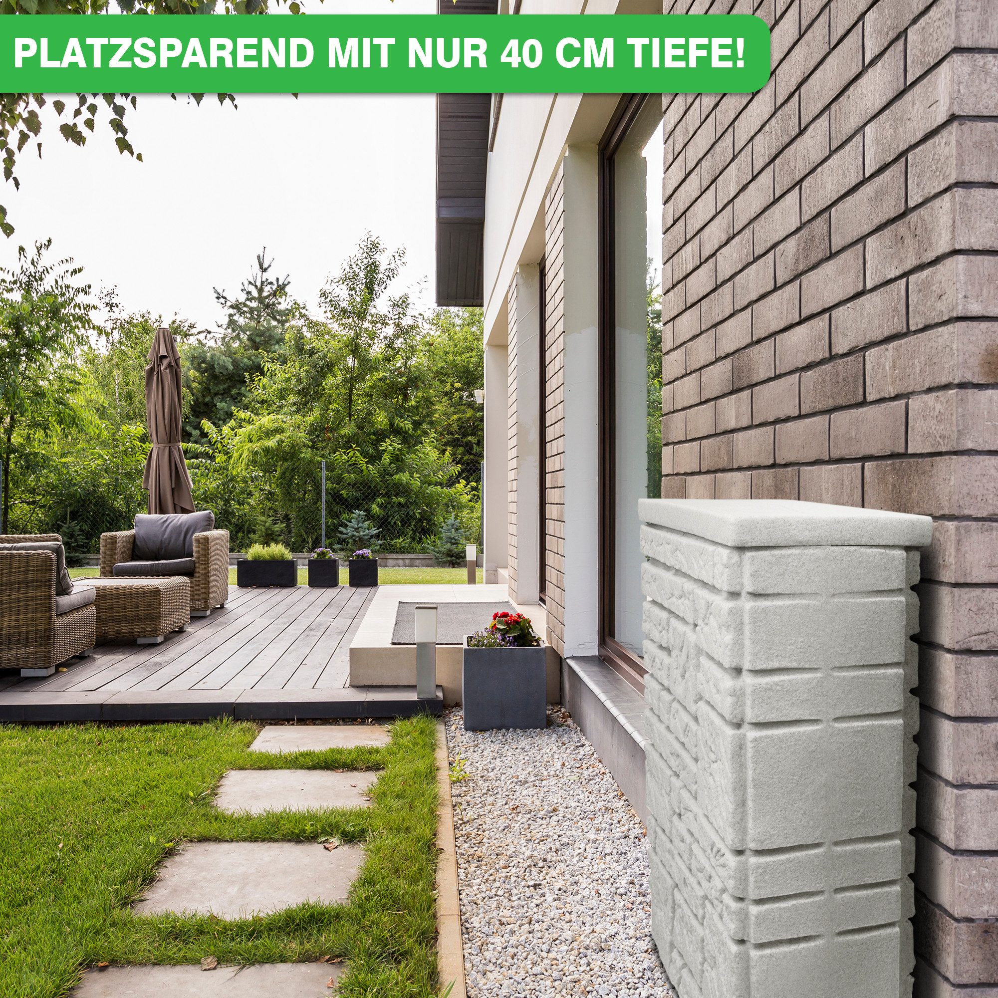 YourCasa Regentonne RMU300 StoneRain 300Liter, Steinoptik, Frostsicher, Metallgewinde, 80x40x118 cm,Deckel