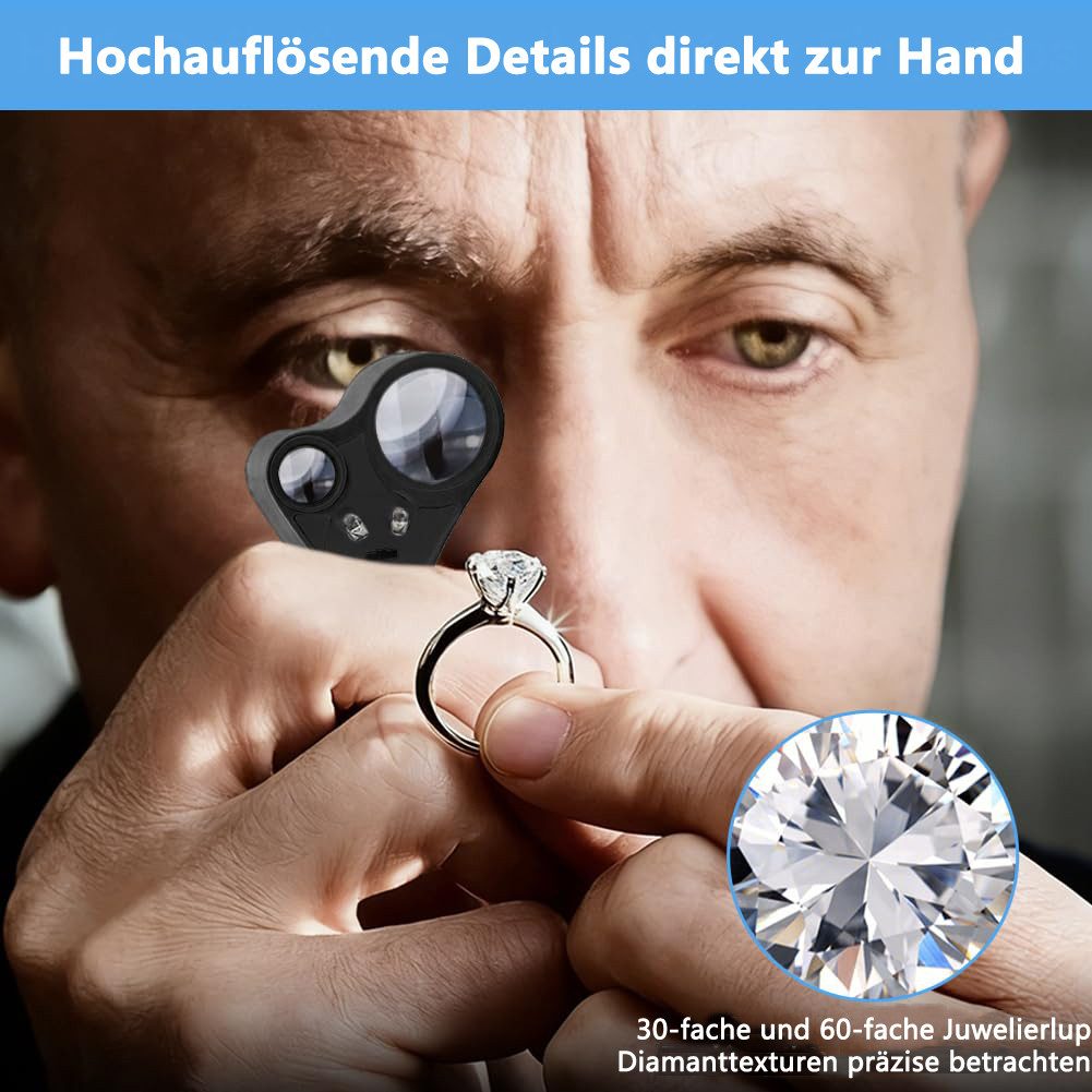 nsihing Lupenbrille Juwelier Lupe, 30X and 60X Vergrößerung, Metall Faltlupe mit LED, für Diamanten, Edelsteine, Schmuck, Briefmarken, Münzen – Bild 4 von 5