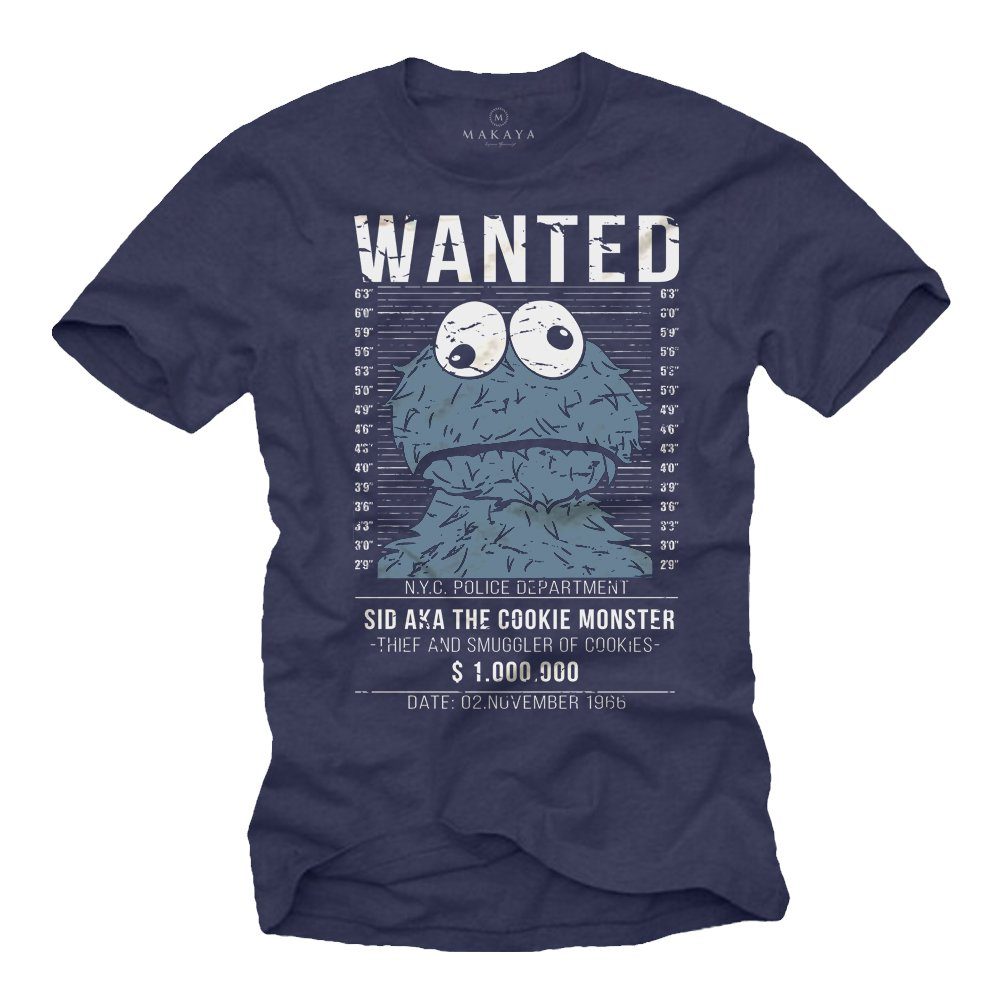 MAKAYA T-Shirt Lustige Sprüche Motiv Wanted Funshirt Coole Fun Geschenke für Männer mit Druck, aus Baumwolle Blau