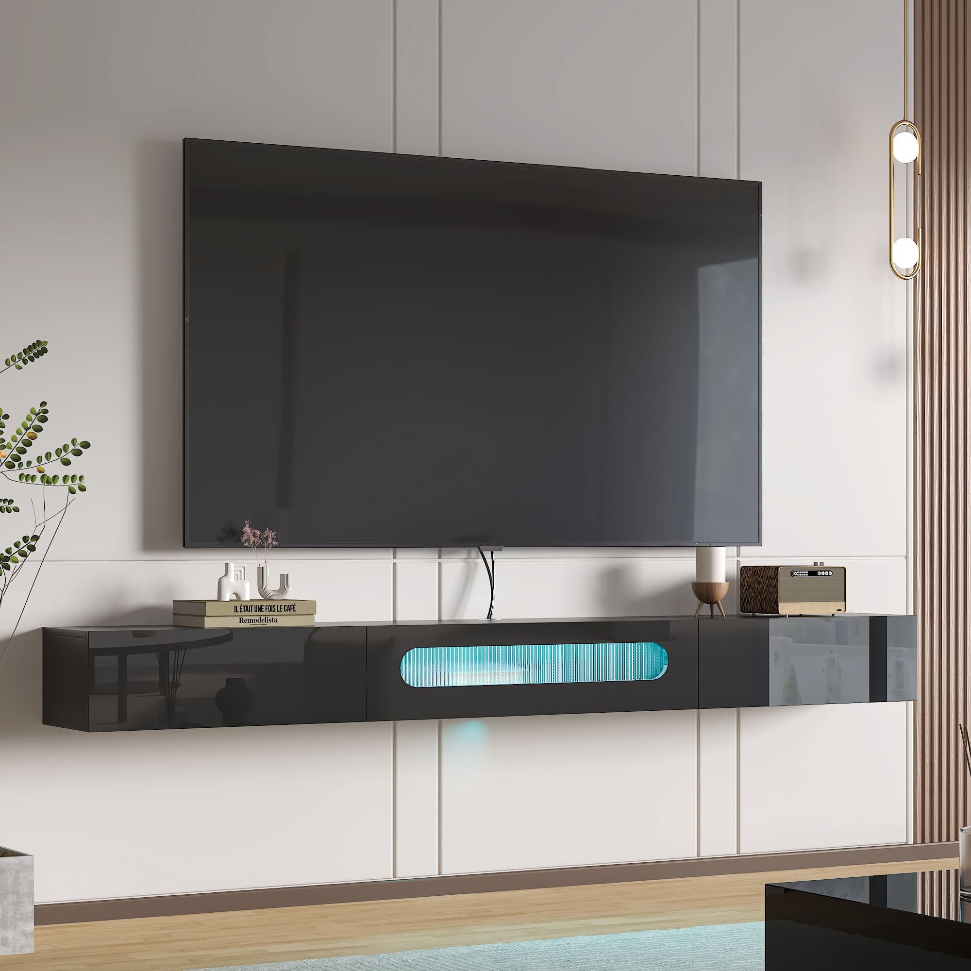 radelldar TV-Schrank Lowboard mit LED-Beleuchtung, 200cm, Hochglanz, (1-St) für Fernseher bis zu 75 Zoll, hängend