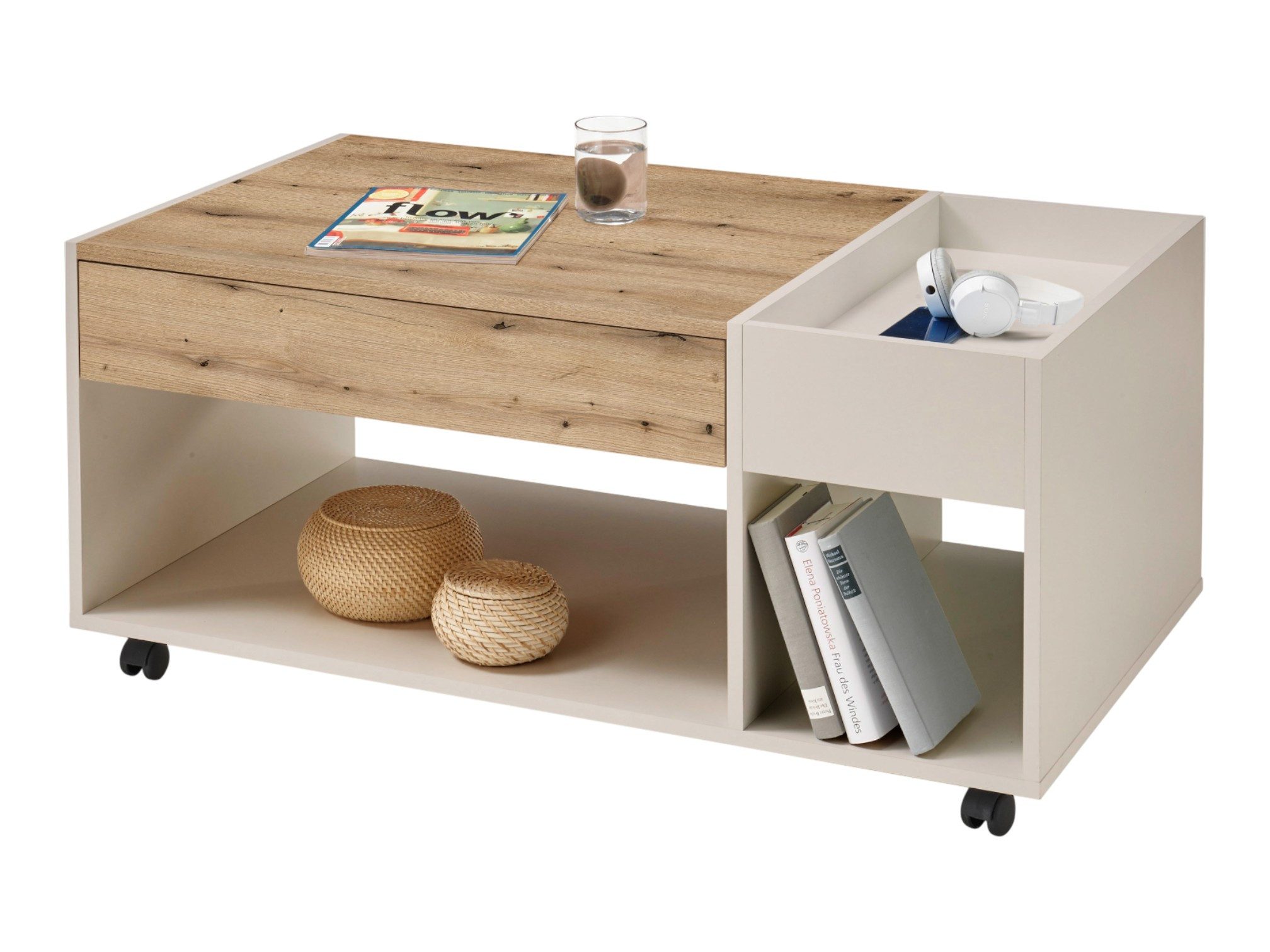moebel-dich-auf Couchtisch EMILIA (Absetzung Artisan Eiche Dekor, ink. 4 Rollen), Breite 110 cm, Ablagefach in der Tischplatte