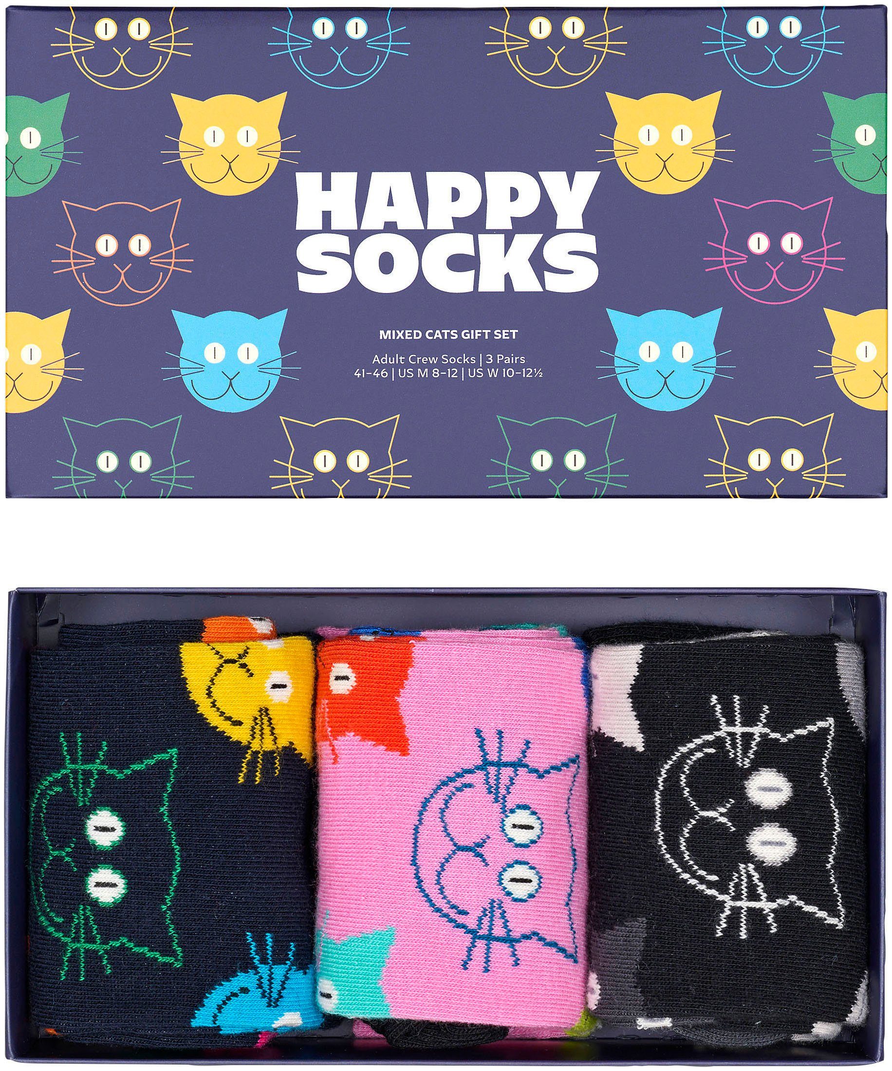 Happy Socks Socken 2 (Packung, Socks Mixed Gift 3-Paar) Katzen-Motive Cat 3-Pack Set Mixed Cat