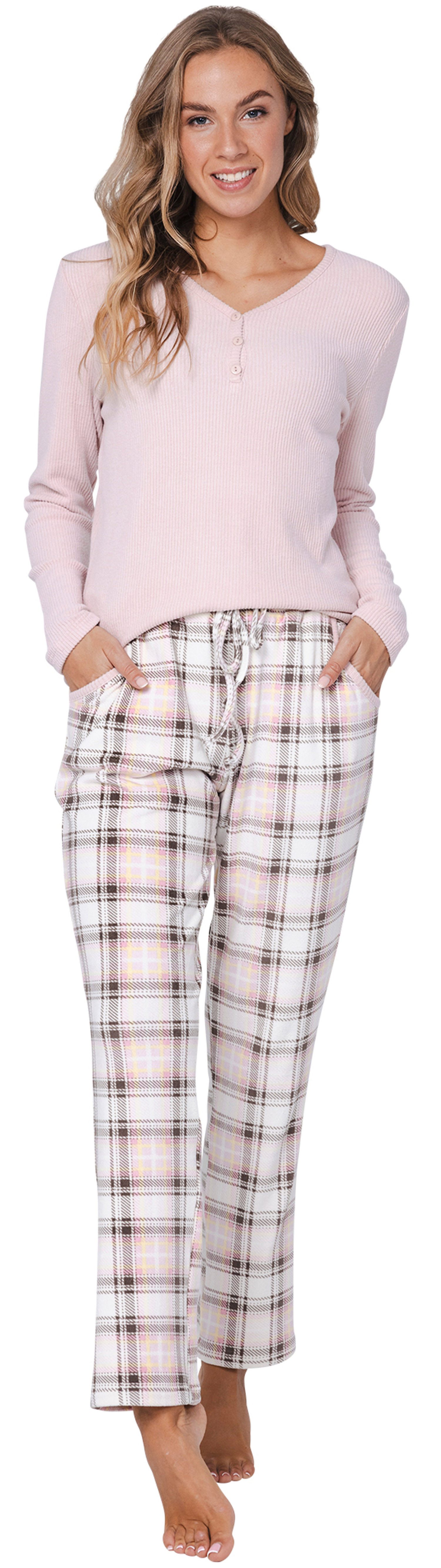 Pastunette Schlafanzug Damen Pyjama mit Flanellhose günstig online kaufen