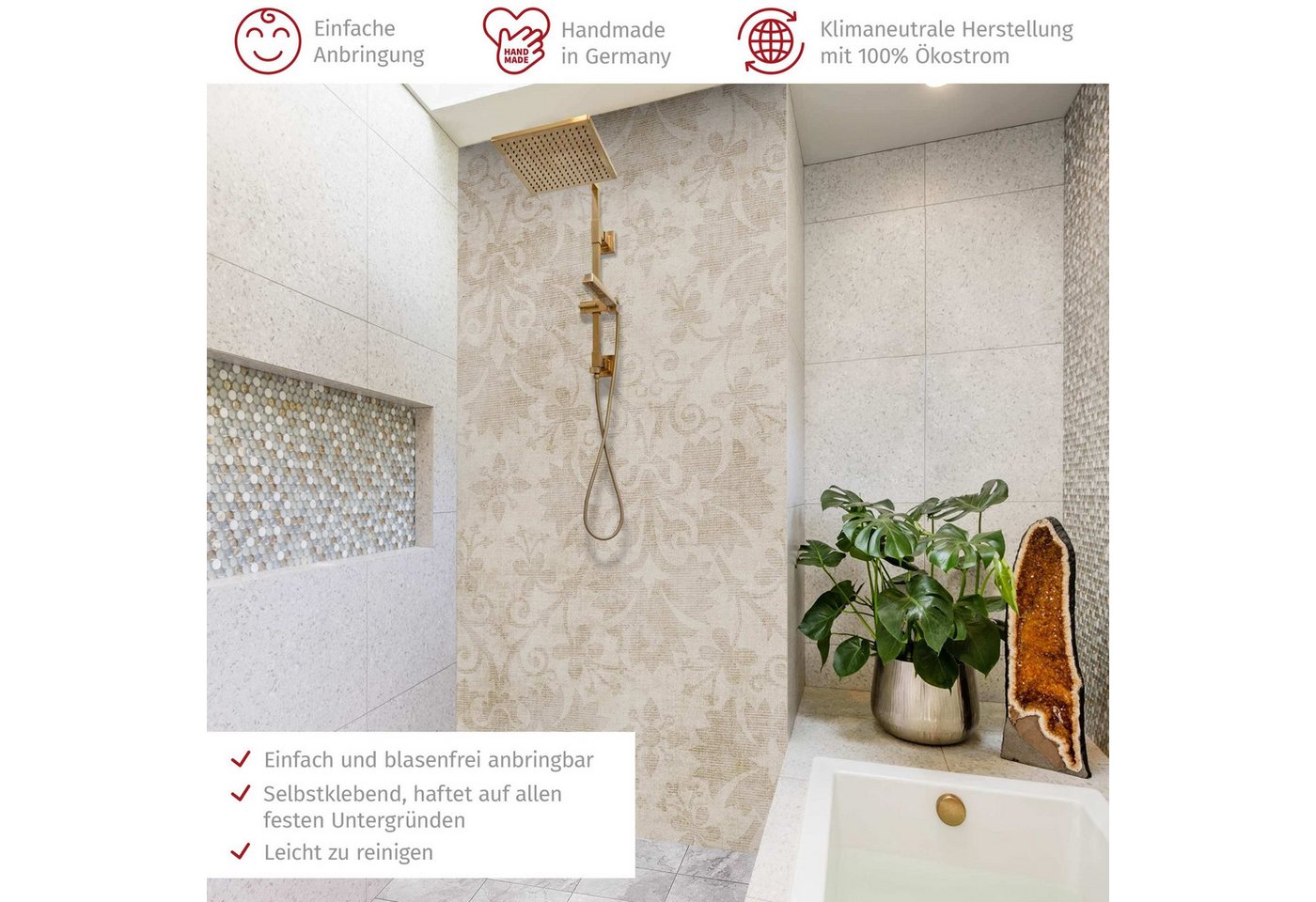 Thumbnail - Bilderdepot24 Badrückwand Muster beige Duschrückwand ohne Bohren Dusche Shabby, (1-tlg., Hart-Folie Premium matt 0,61 mm...