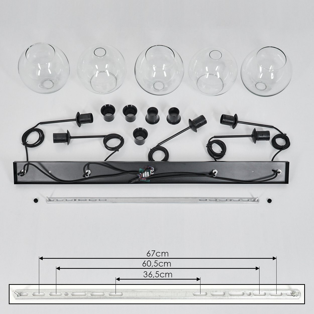 Retro 5xE27 Vintage ohne Schirmen »Cesaro« mit Hängelampe (20cm), max. Höhe Leuchtmittel, aus Design, aus 152,5cm, Schwarz/Klar, Metall/Glas Glas Hängeleuchte in hofstein