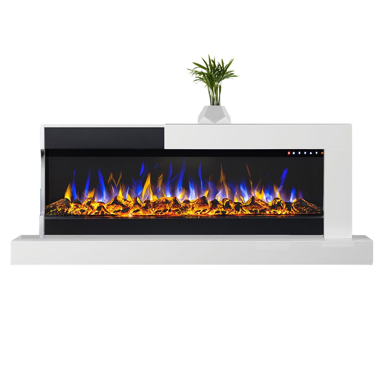 & Elektrokamin Heizung, FIRE bis 1600W, Fernbedienung Wandkamin Abschaltautomatik weiß mit mit GLOW Edge Insert Heizfunktion elektrisch