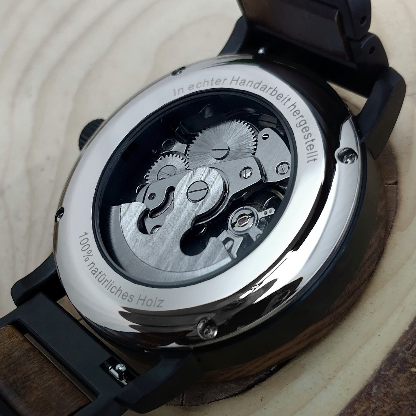 Herren Edelstahl schwarz, Holz Holzwerk Uhr, Automatikuhr Armband CLINGEN & braun matt