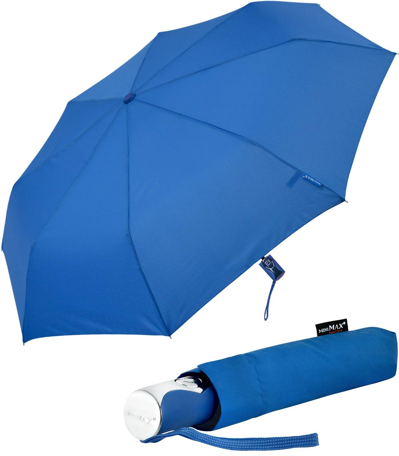 Auf-Zu-Automatik Taschenregenschirm mit Begleiter zuverlässige Impliva royal-blau windsicher uni, der miniMAX®