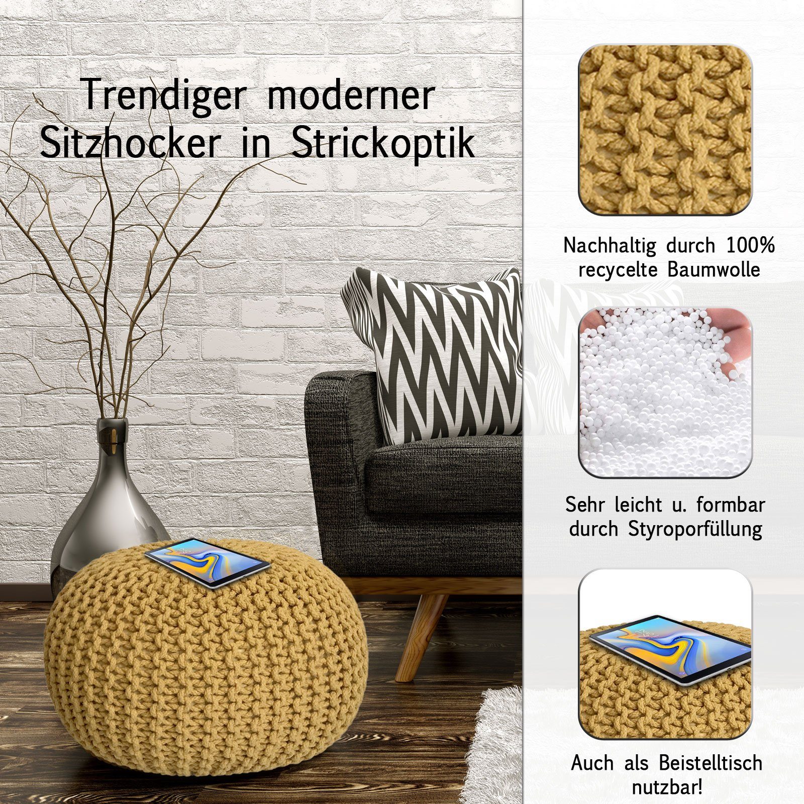 Casamia Pouf Pouf Ø 55 o. 45 cm Strickhocker Sitzpouf Bodenkissen für Innen Indoor