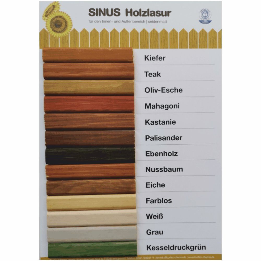 Burtex Holzschutzlasur SINUS Holzlasur UV-stabil* Liter und Innen- Farben Farblos 5 für in Außen 14