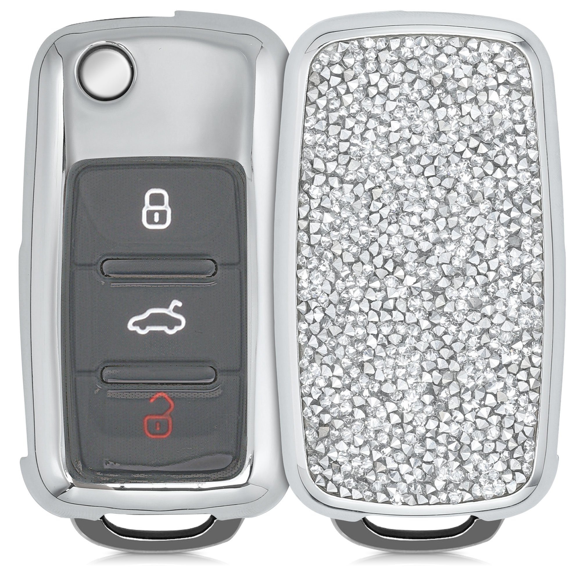 kwmobile Schlüsseltasche Autoschlüssel Hülle für VW Skoda Seat, Hardcover mit Strasssteinen Silber