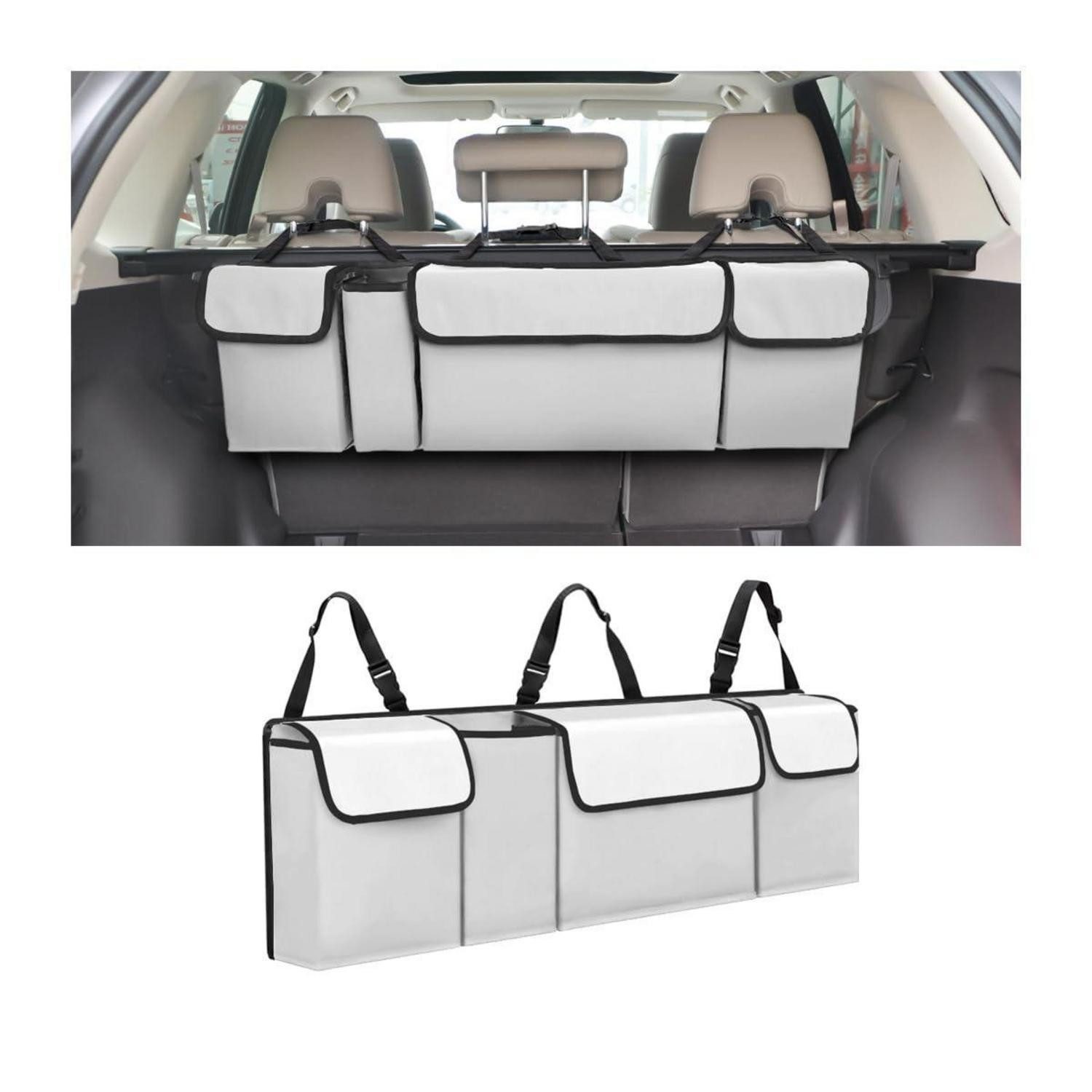 LuxusKollektion Auto-Rückenlehnentasche Kofferraum Organizer Auto Faltbar Wasserdicht 4 Taschen Weiß Grau