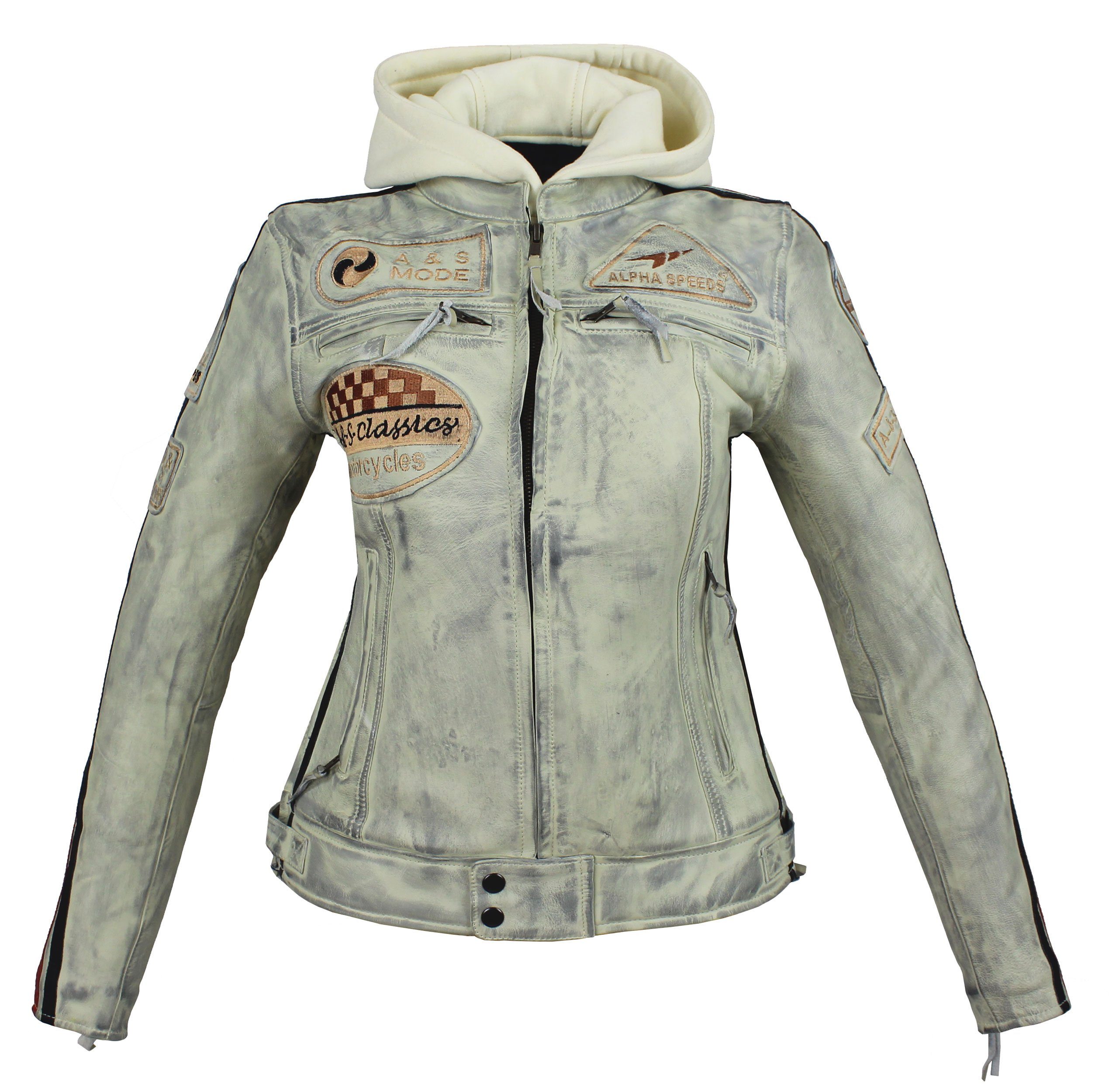 einem einem Jacke Motorradjacke Kapuze) Protektoren Highway weichem Alpha Biker inklusive Weiß Freizeit Speeds trennbaren Lederjacke (mit aus Lammleder, Damen