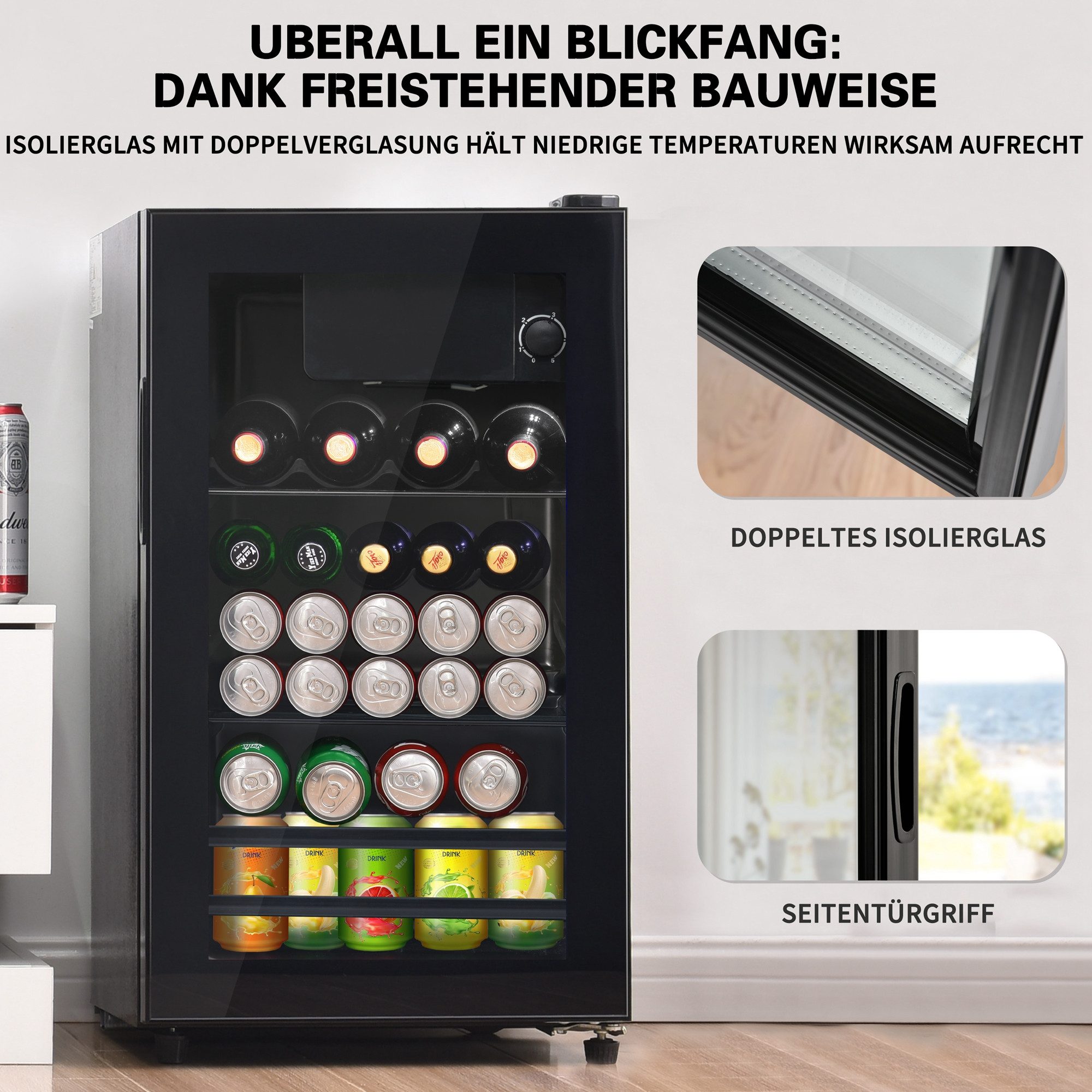 Merax Kühlschrank 76L mit Gefrierfach, Glastür, verstellebare Ablage, Getränkekühlschrank SC-76A, 71.6 cm hoch, 40 cm breit, Mini Kühlschrank, Kühl- und Gefrierfunktion, freistehend