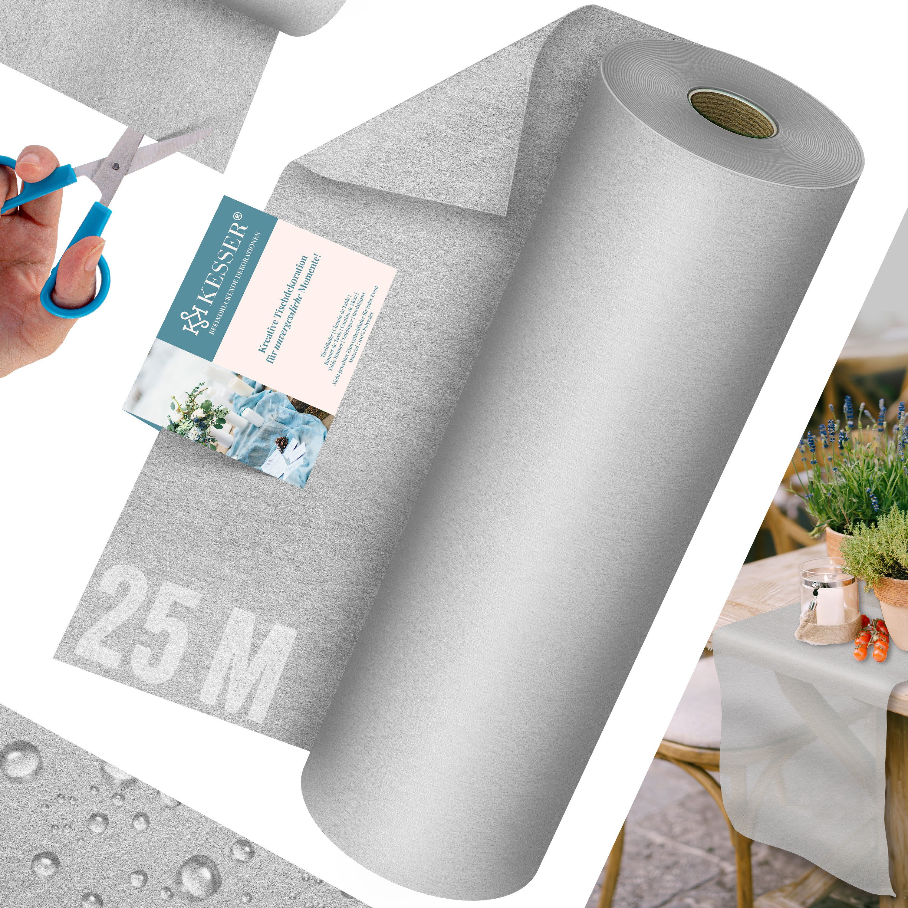 KESSER Tischläufer 25 m × 30 cm, wasserabweisend & abwaschbar, 30 g/m², anpassbare Vlies-Tischdekoration – für Feste aller Art geeignet