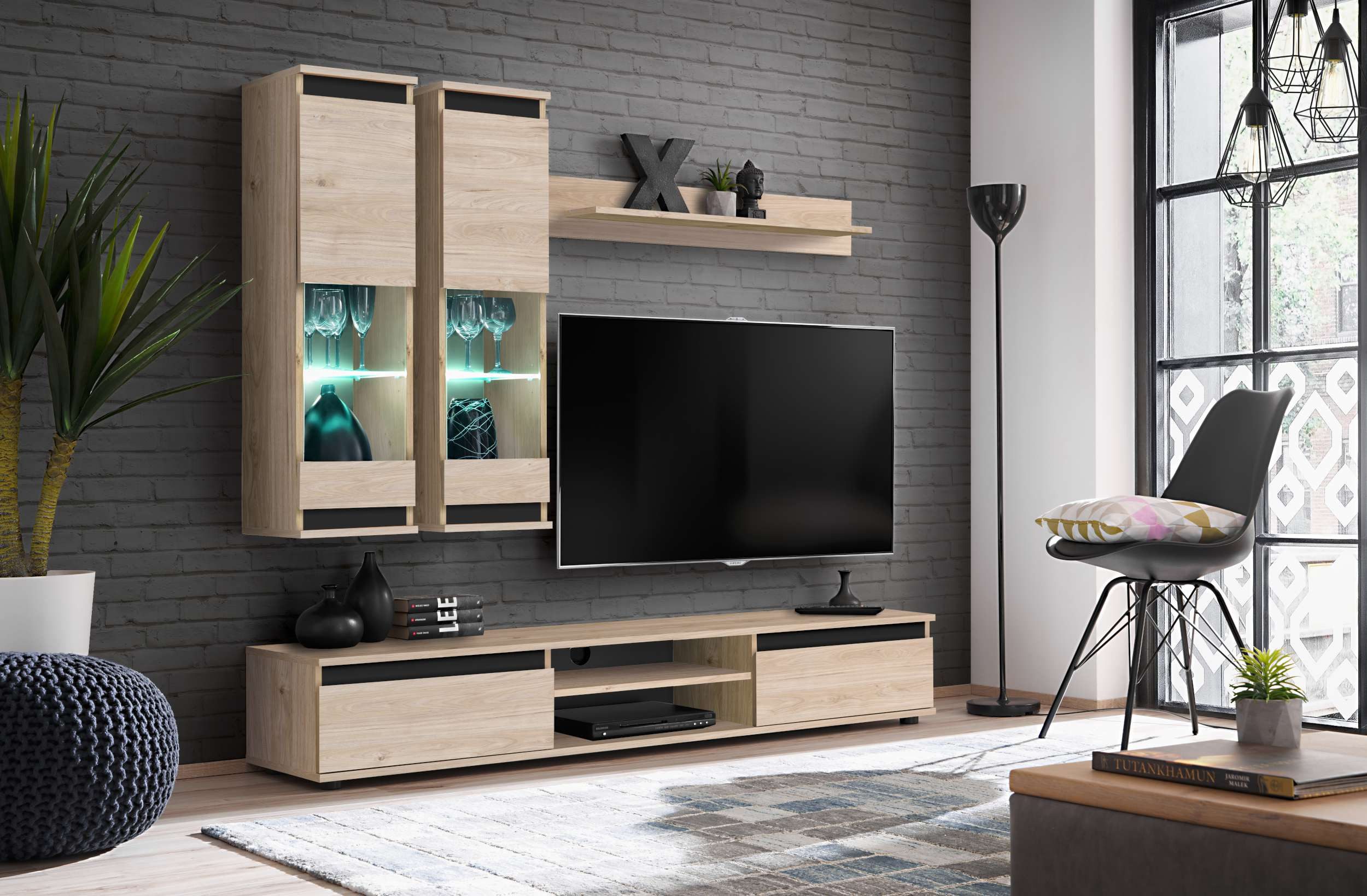 99rooms Wohnwand Modena, (Wohnzimmer-Set, Wohnmöbel), TV-Lowboard, 2 x Vitrine, Wandregal, mit LED-Beleuchtung