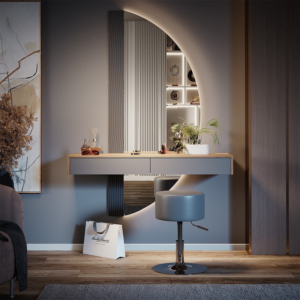 Vicco Schminktisch Melisa, Eiche/Grau, 120 cm mit Beleuchtung und Hocker günstig online kaufen