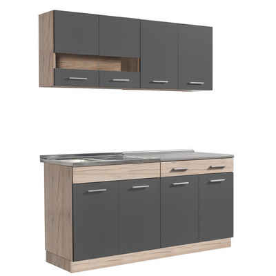 Homestyle4u Küchenbuffet Küchenzeile ohne Geräte 160 Küche Einbauküche Grau