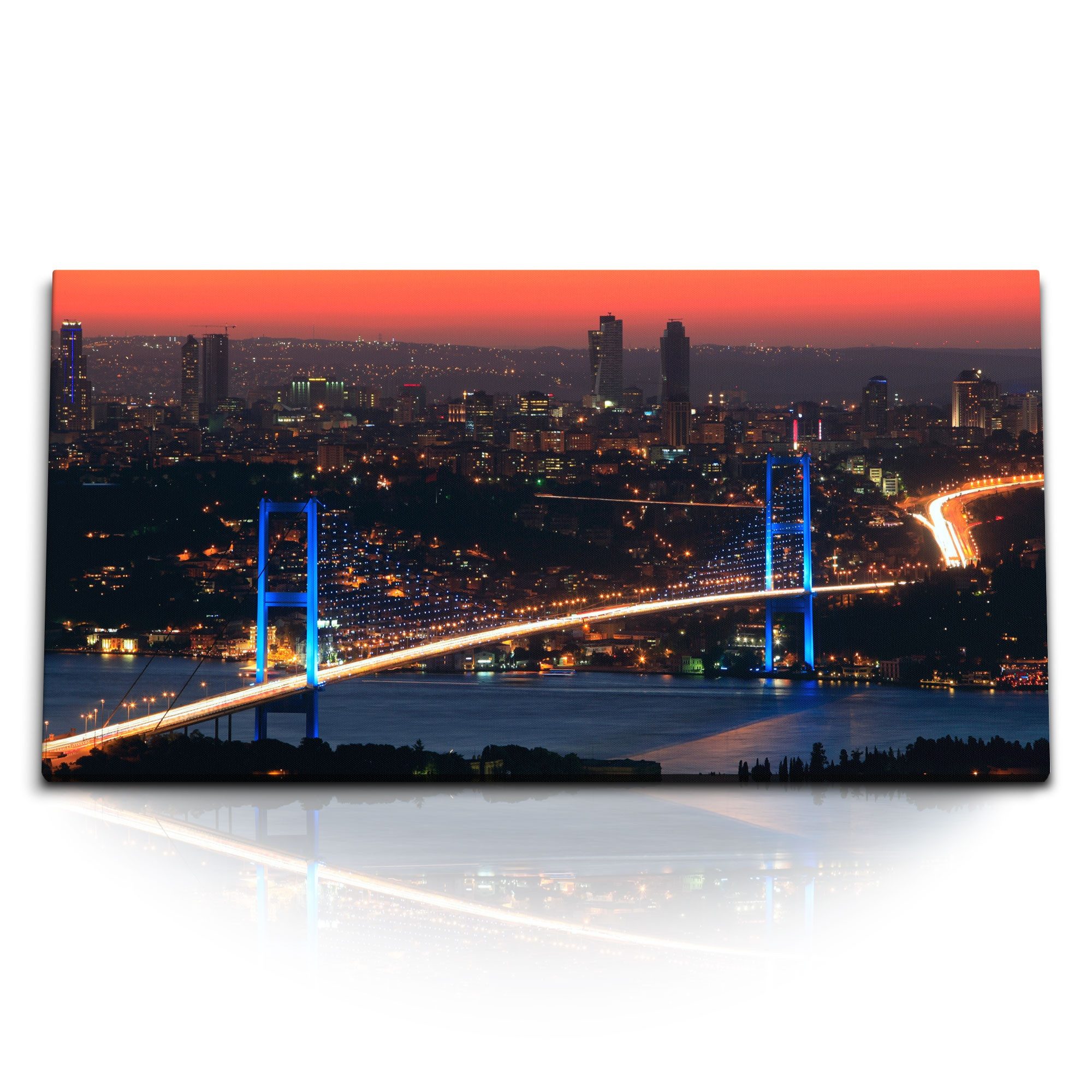 Sinus Art Leinwandbild Kunstdruck Bilder 120x60cm Istanbul Bosporus Brücke bei Nacht Abendröt, (1 St)