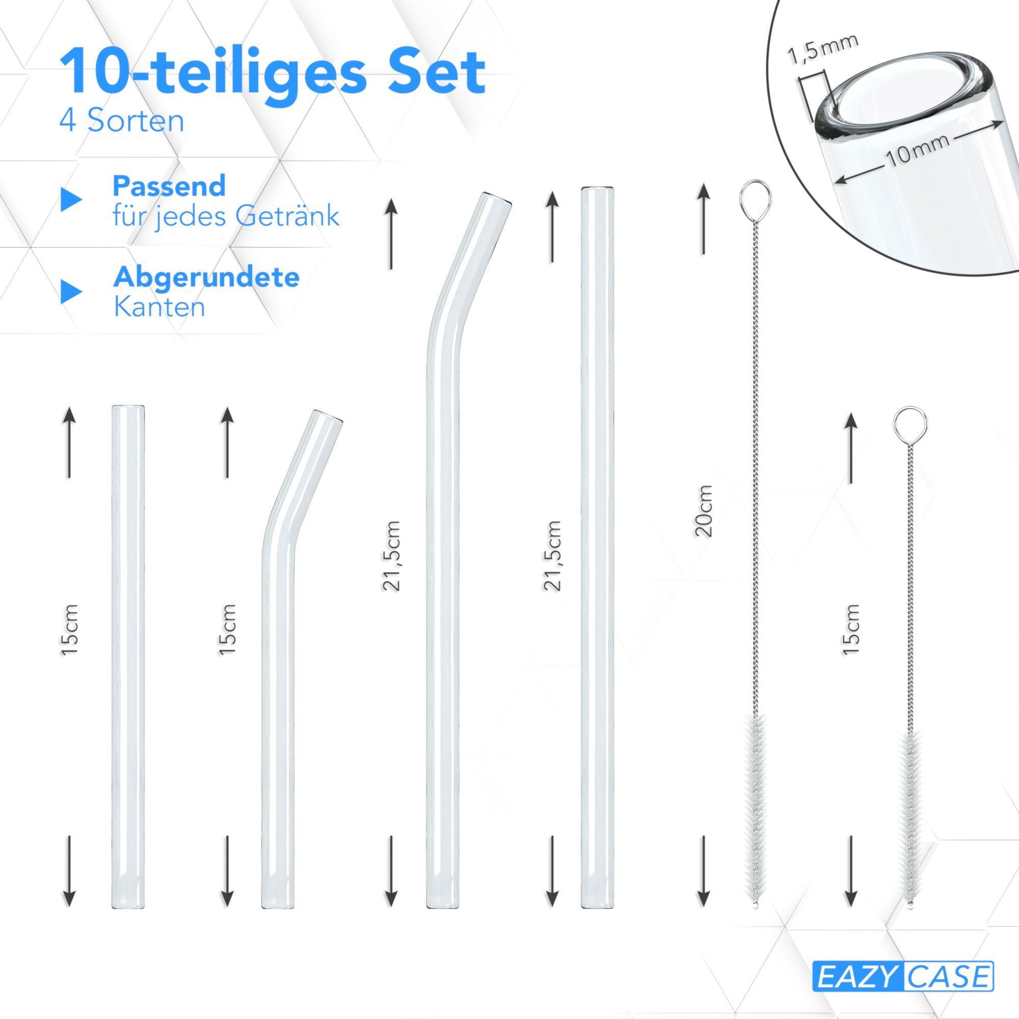 EAZY CASE Trinkhalme 8x Glas Strohhalme für Cocktails Gebogen/Gerade, (8er Set), Trinkhalme für Cocktails Strohhalme wiederverwendbar Gebogen + Gerade