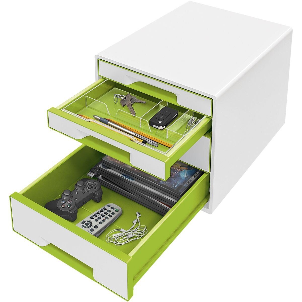 WOW Cube stapelbar geschlossen, metallic LEITZ Schubladenbox 4 Schubladen, grün mit 5213,