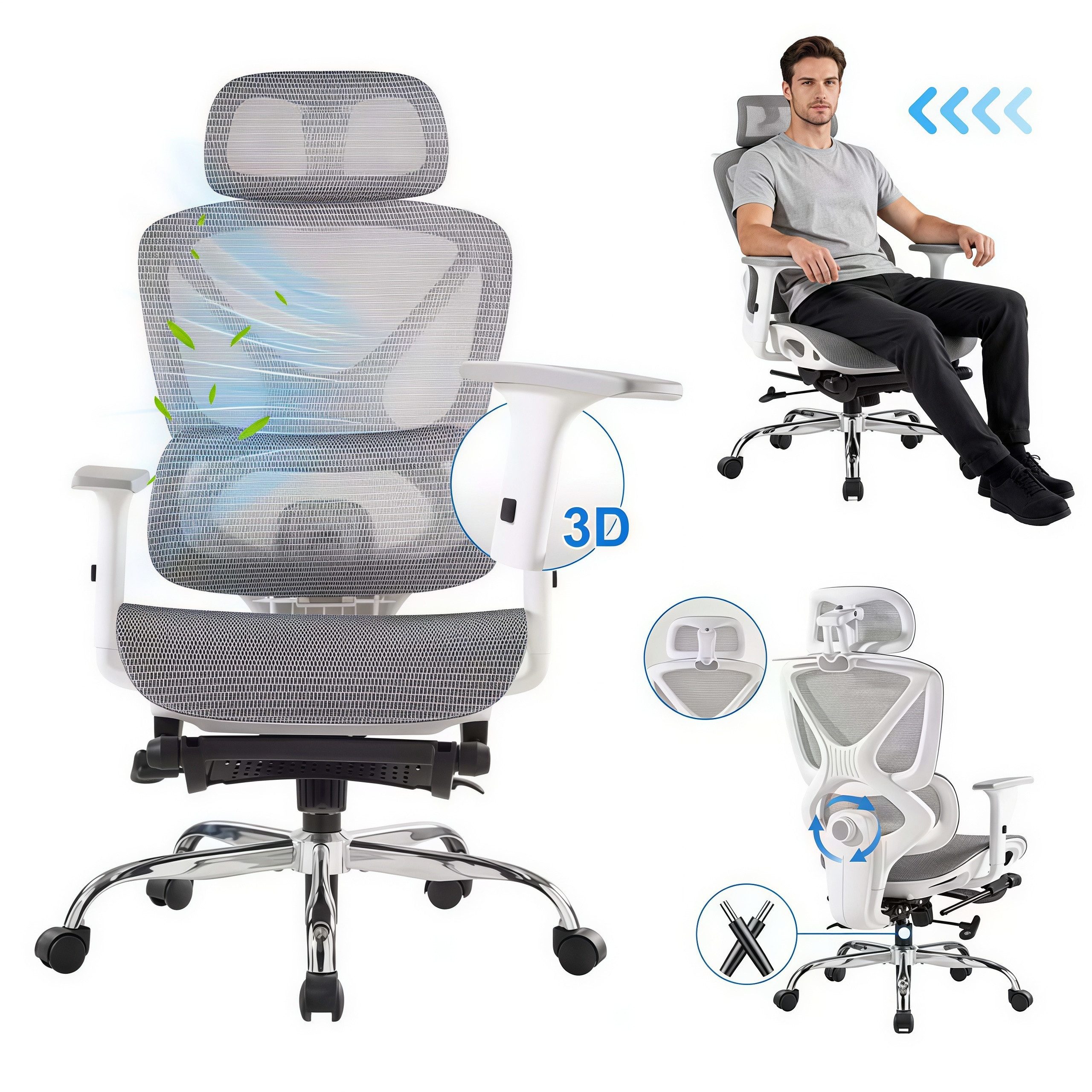 FOXSPORT Bürostuhl, Ergonomischer Premium-Schreibtischstuhl (Computer-Bürostuhl), 3D-Armlehnen, 3D-Kopfstütze, 4D-Lendenstütze, Rückenlehne (90°–135)