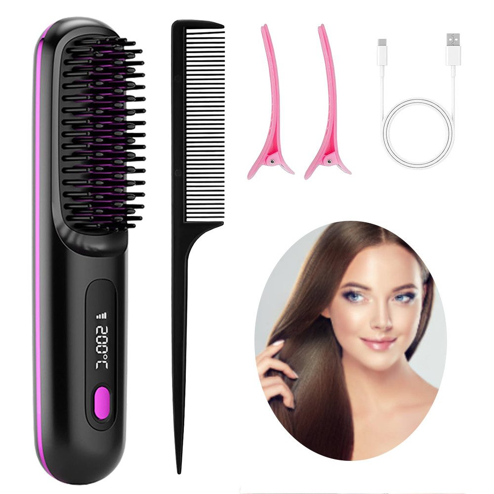 Fine Life Pro Haarglättbürste kabelloser Haarglätter, Stylingbürste, 3 Temperaturstufen, 3 Temperaturstufen, Negativ-Ionen-Technologie, glänzende Haare