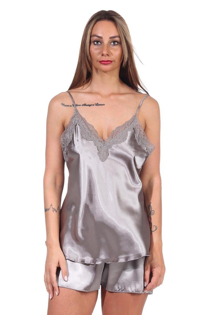 EloModa Capri-Pyjama Damen Satin Nachtwäsche Pyjama Set Shorty mit Spitze; S M L XL 2XL (2 tlg)