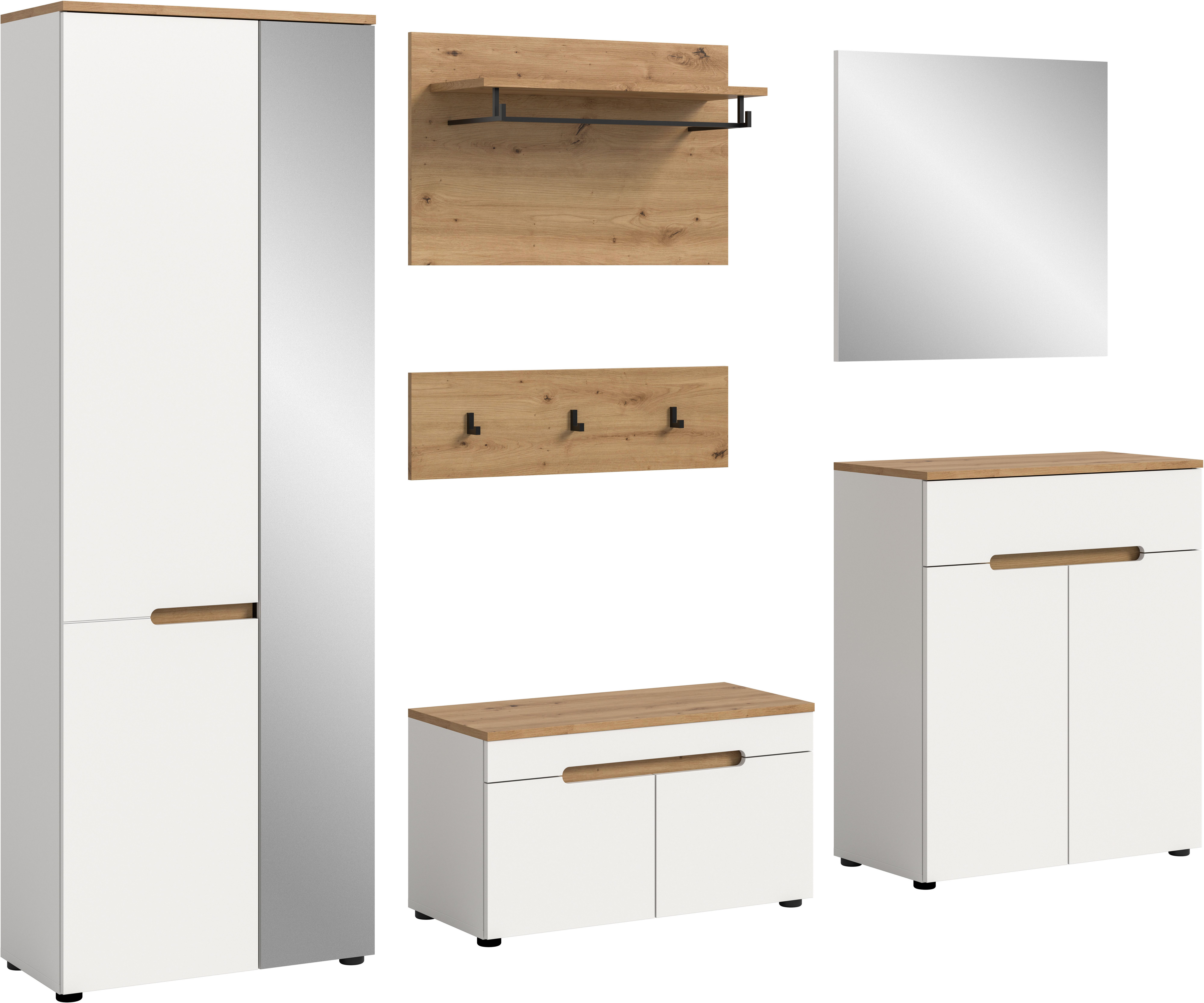 Home affaire Garderoben-Set Rehat, Garderobenkombination, Breite 255cm, (Set, 6-St., Garderobenschrank, Sitzbank, Paneel, Hakenleiste, Spiegel, Kommode), Garderobenkombination, Kombination, Set, Flurgarderobe, Diele