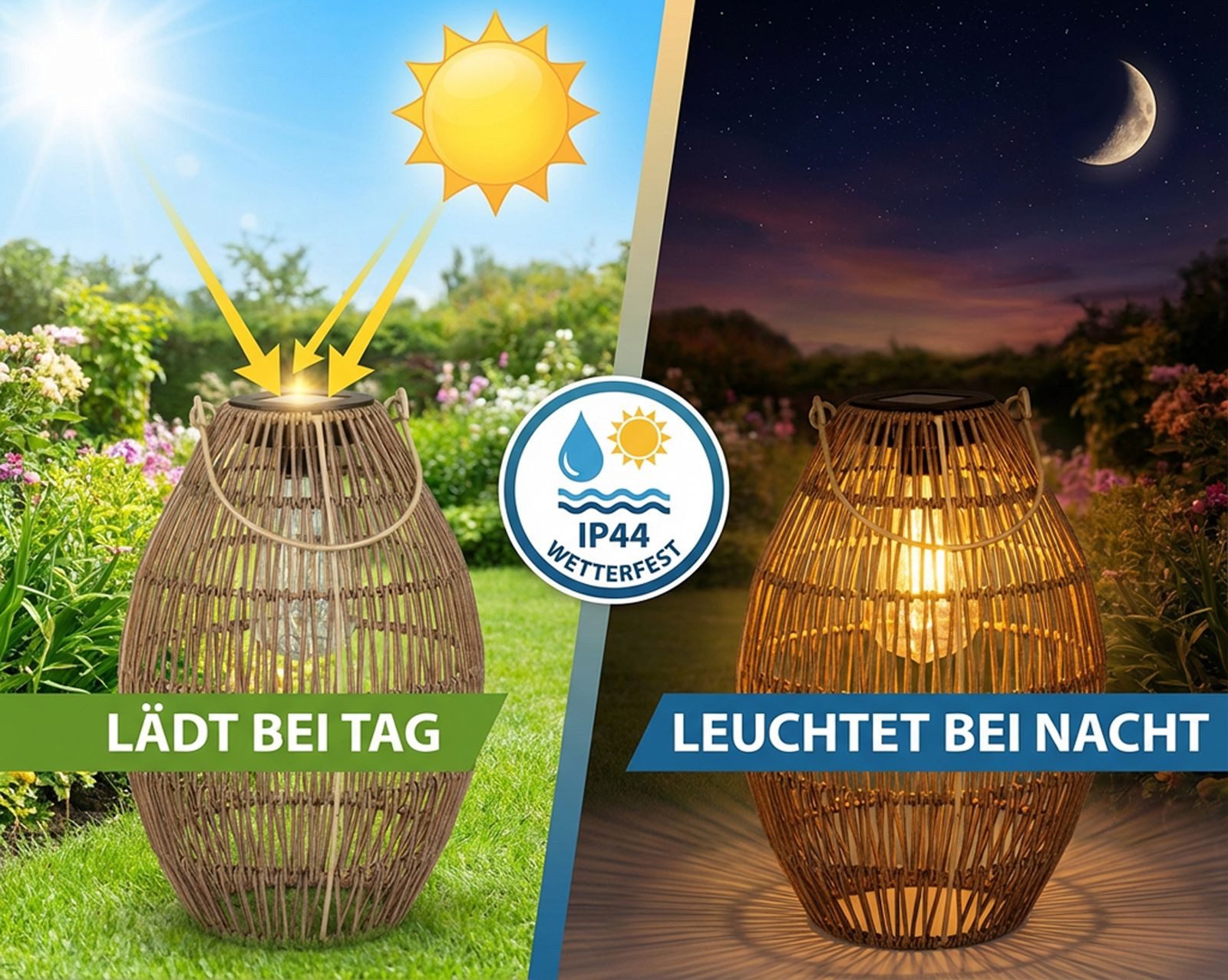 formano LED Laterne Solarlaterne Außen Balkon Metall Laterne natürliche Flechtoptik IP44, LED fest integriert – Bild 3 von 4