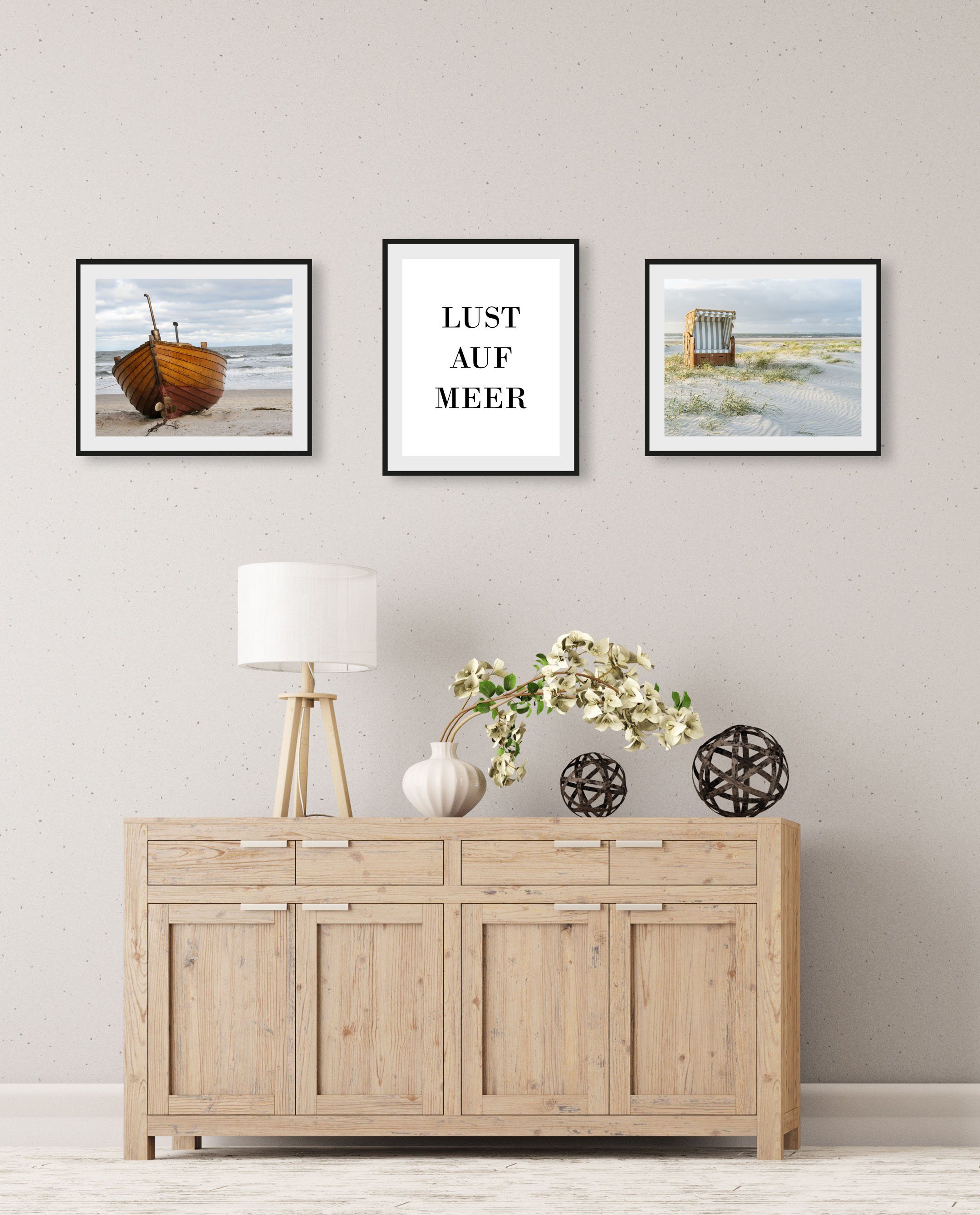 queence Bild Strand, Bilder von Booten & Schiffen, Deutschland, Meer, Meer Bilder, Schiffe, Schriftzug, Strand (3 St), gerahmt