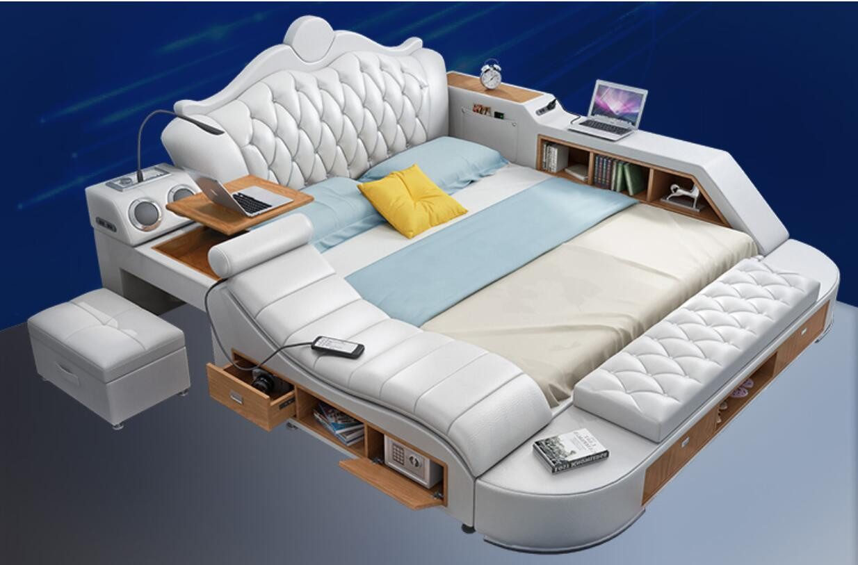 JVmoebel Multimediabett Luxus Lederbett in Weiß mit Massagefunktion und USB-Anschlüssen (1-tlg), Made in Europa