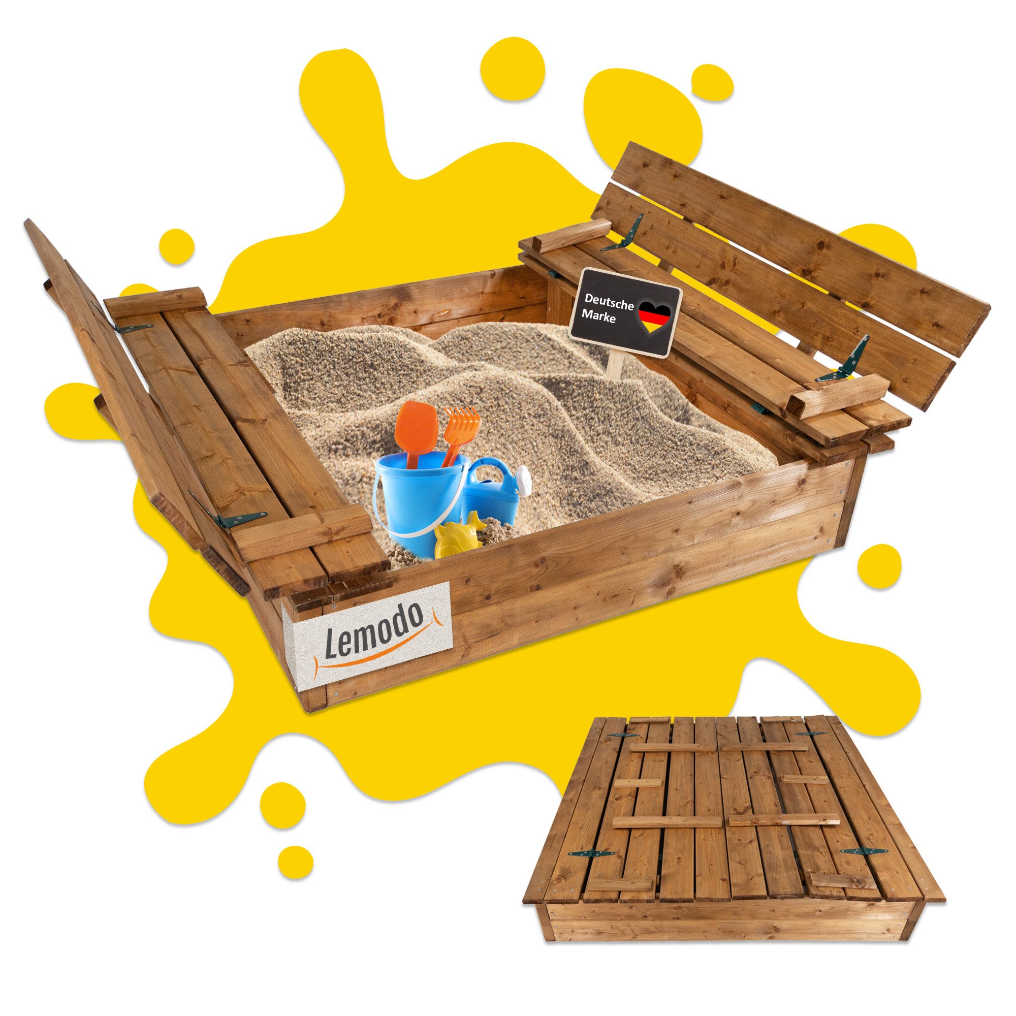 Lemodo Sandkasten Holz 115x114cm mit Abdeckung und Sitzbänken, braun imprägniert, 115x114cm mit klappbarer Abdeckung als Sitzbank