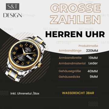 S&T Design Quarzuhr Herren Uhr Edelstahl Armbanduhr Herrenuhr, (Geschenkebox (Etui), inkl. Armbandkürzer & Etui), Männer Uhr 3Bar Wasserdicht Datum Große Ziffern Zahlen Analog