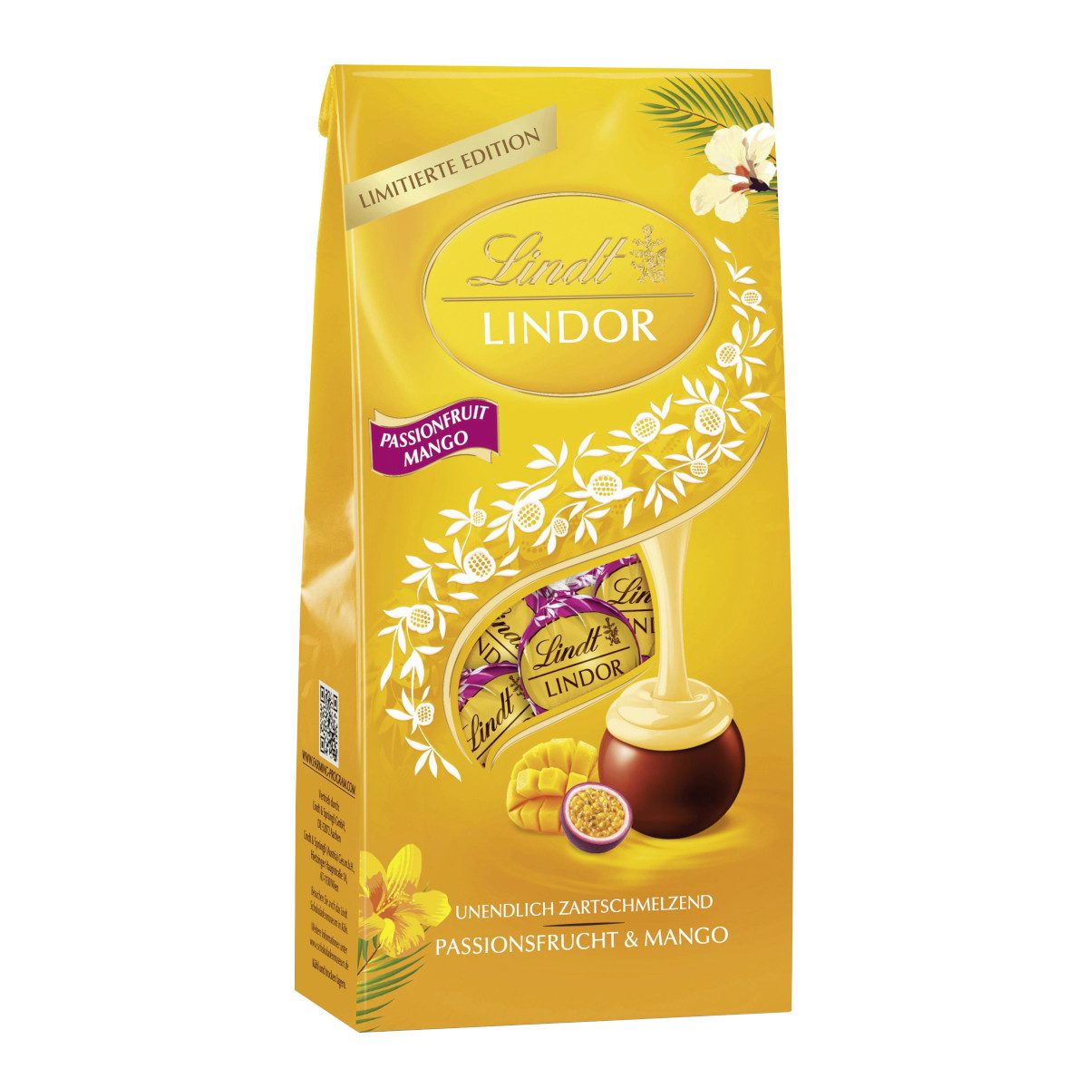 LINDT Schokolade, Lindt Lindor Mango Passionsfrucht Vollmilch-Schokolade Beutel 137g