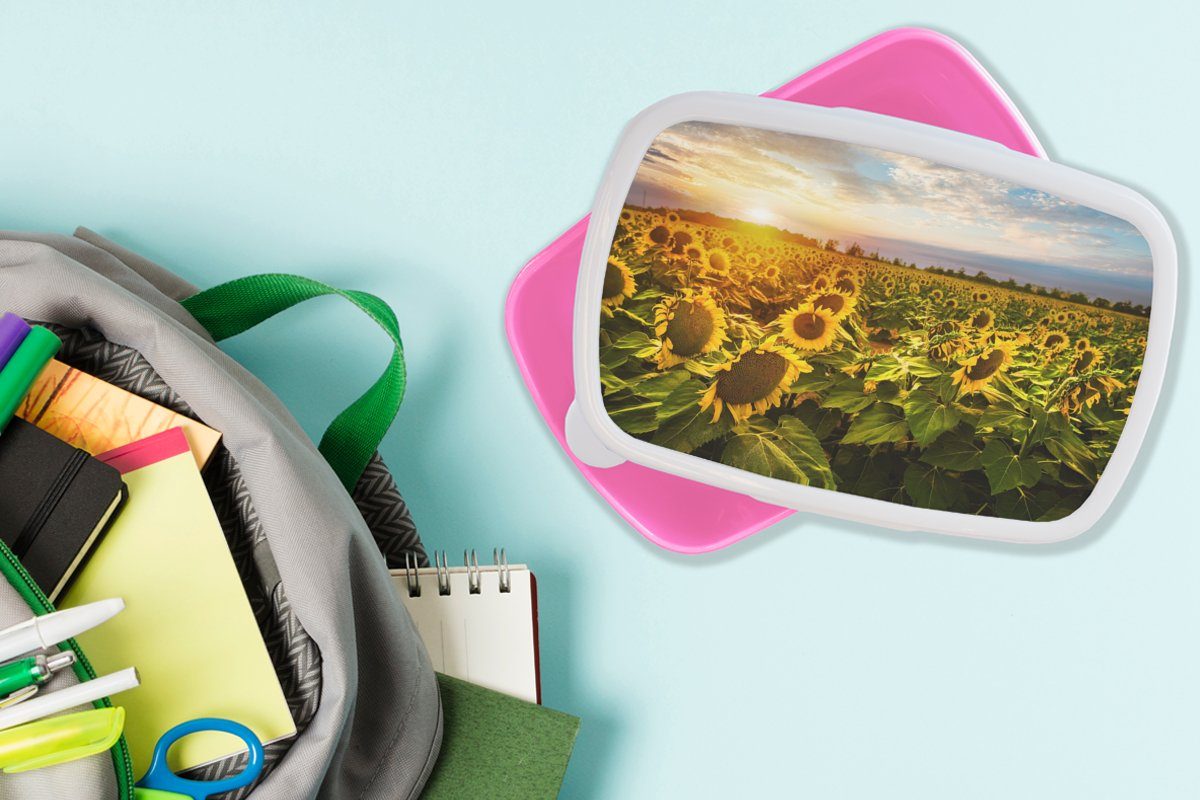 Lunchbox (2-tlg), Mädchen, Brotdose für Kunststoff Himmel, Brotbox Sonnenblume Erwachsene, Snackbox, Kinder, rosa Kunststoff, Blumen MuchoWow - -