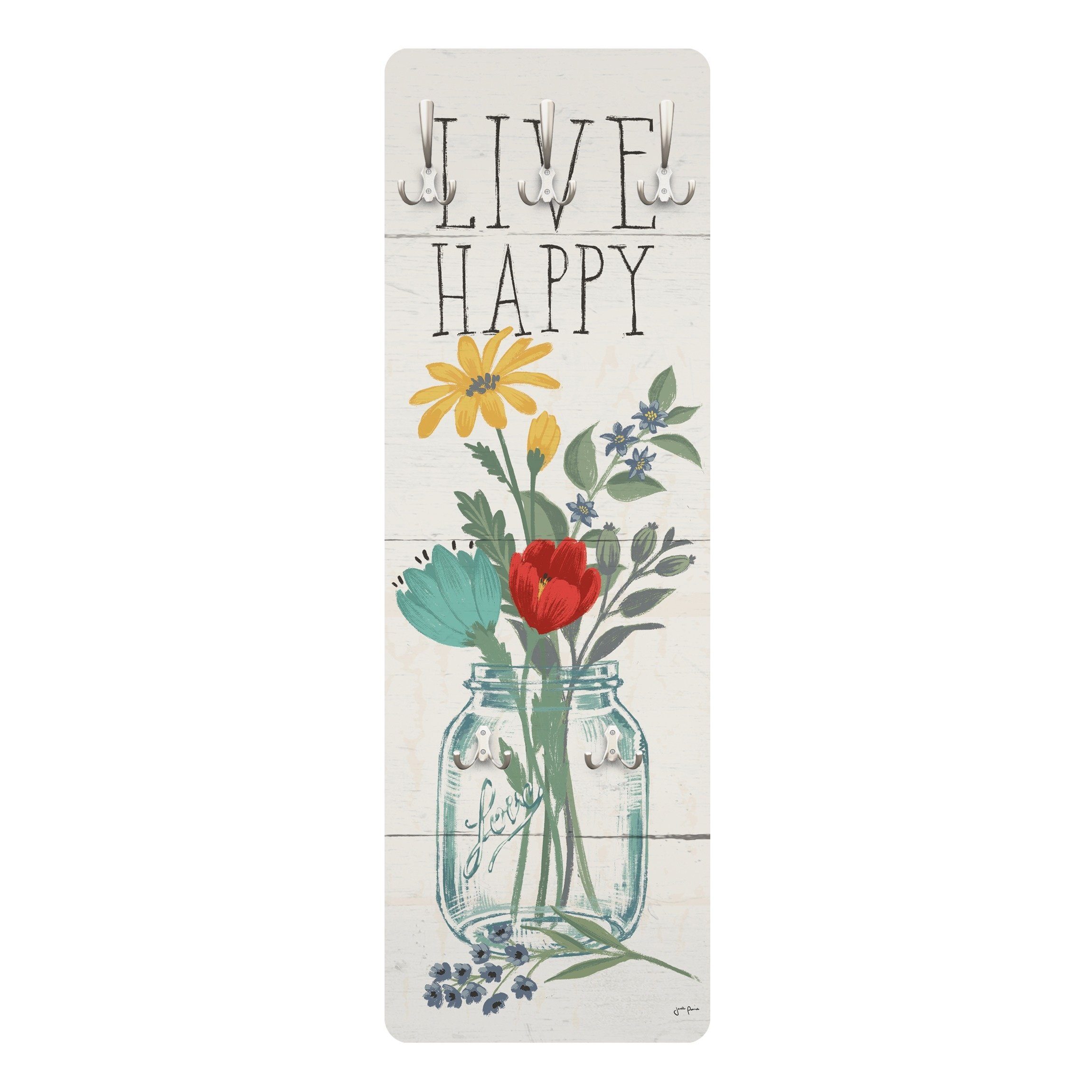 Bilderdepot24 Garderobenpaneel bunt Blumen Floral Live Happy - Blumenvase auf Holz Design (ausgefallenes Flur Wandpaneel mit Garderobenhaken Kleiderhaken hängend), moderne Wandgarderobe - Flurgarderobe im schmalen Hakenpaneel Design