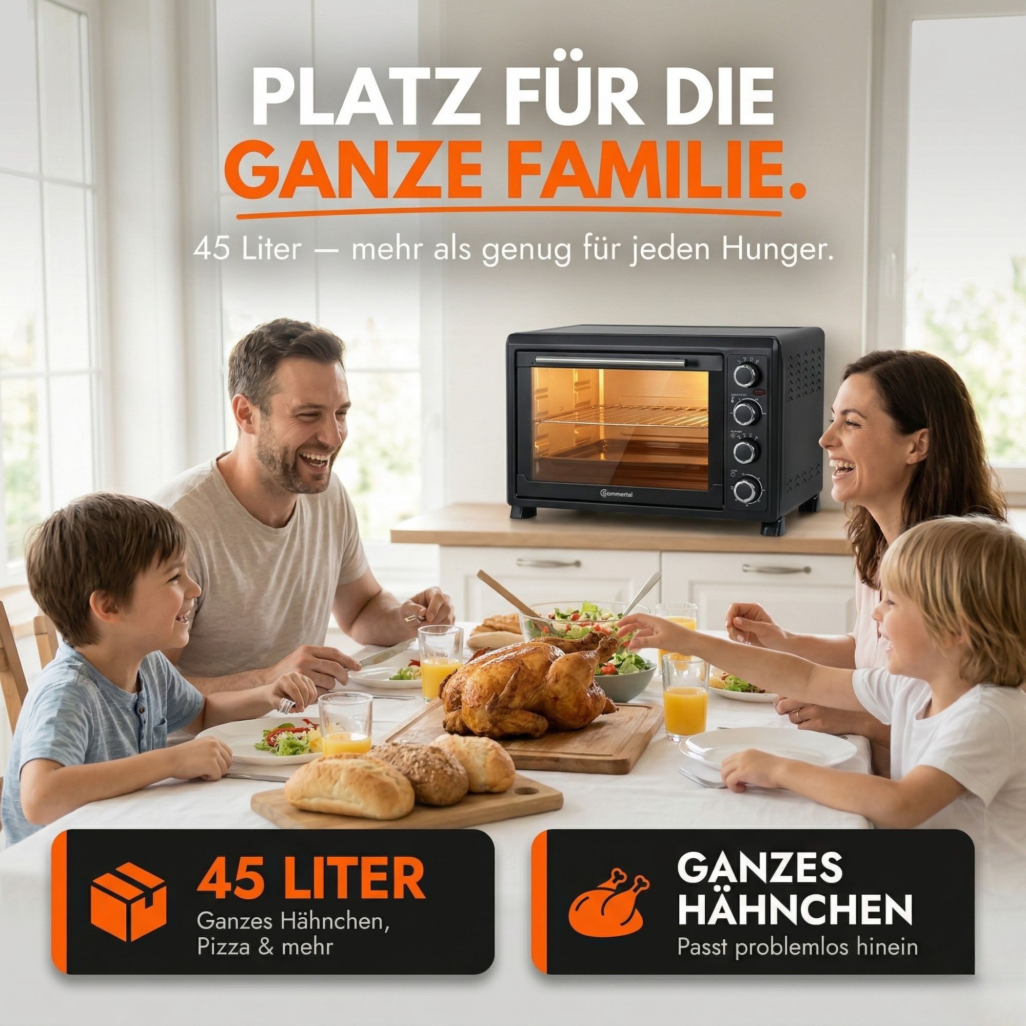 Sommertal Multiofen Sommertal Minibackofen 45L mit Drehspieß & Umluft, 2000W, Hähnchengrill, Backen, Grillen & Pizza, 45 Liter, inkl. 7-tlg Zubehör – Bild 5 von 5