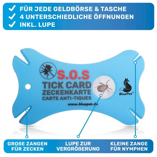 BluePet Zeckenpinzette Zeckenkarte mit Lupe im Scheckkartenformat, Zeckenentfernung für Menschen und Tiere